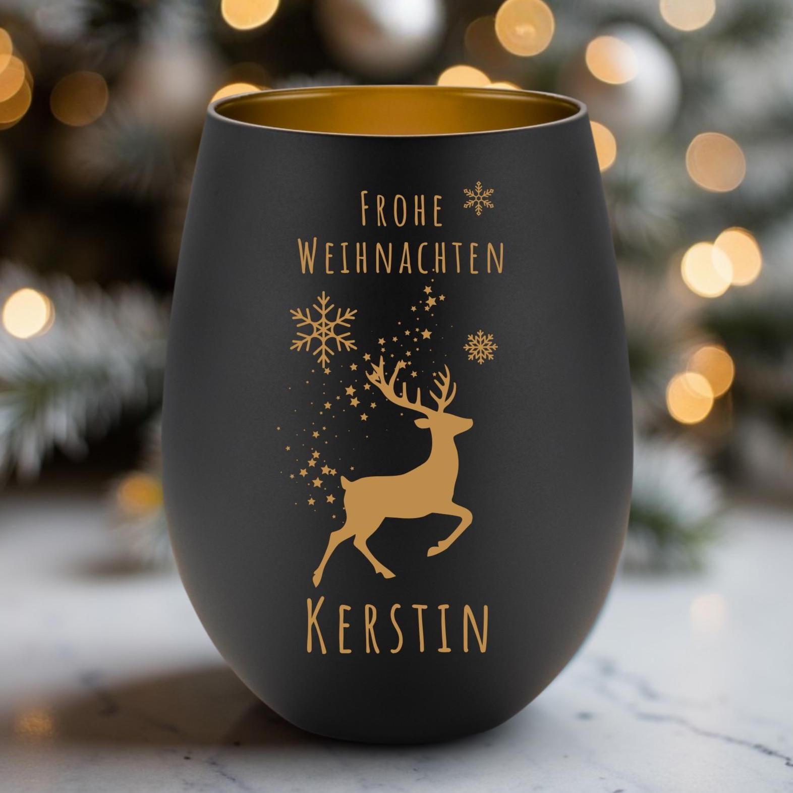 Windlicht Weihnachten personalisiert | gelasertes Glas innen gold | außen schwarz oder weiß | diverse Motive mit Deinem Namen
