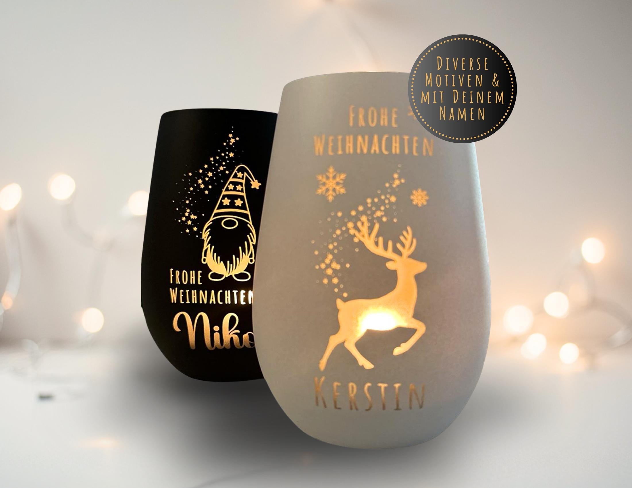 Windlicht Weihnachten personalisiert | gelasertes Glas innen gold | außen schwarz oder weiß | diverse Motive mit Deinem Namen