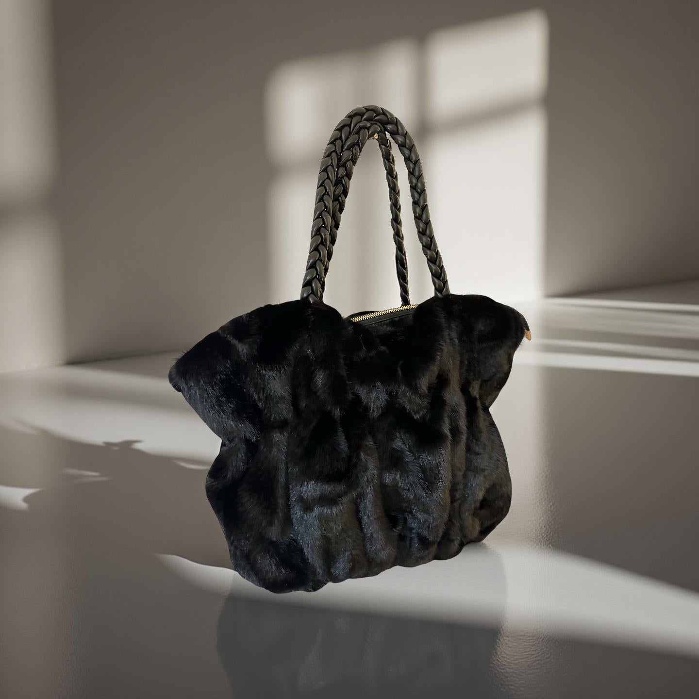 Schwarze Tasche aus Fell | Umhängetasche | Crossbody Bag | Fake Fur | kuscheliges Pelzimitat | Handtasche schwarz
