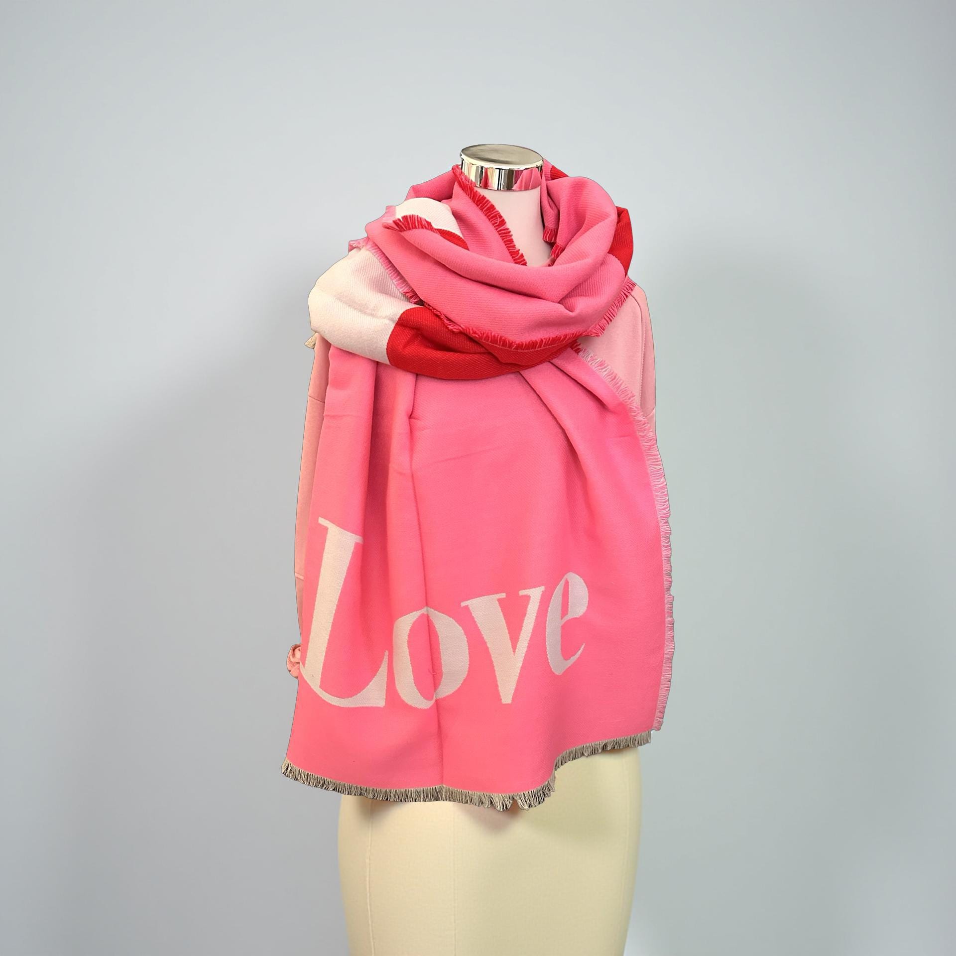 Breiter Schal LOVE | rosa, weiß und rot | mit großem Herz | Viskose | Webschal Tuch Stola | 180 x 70 cm