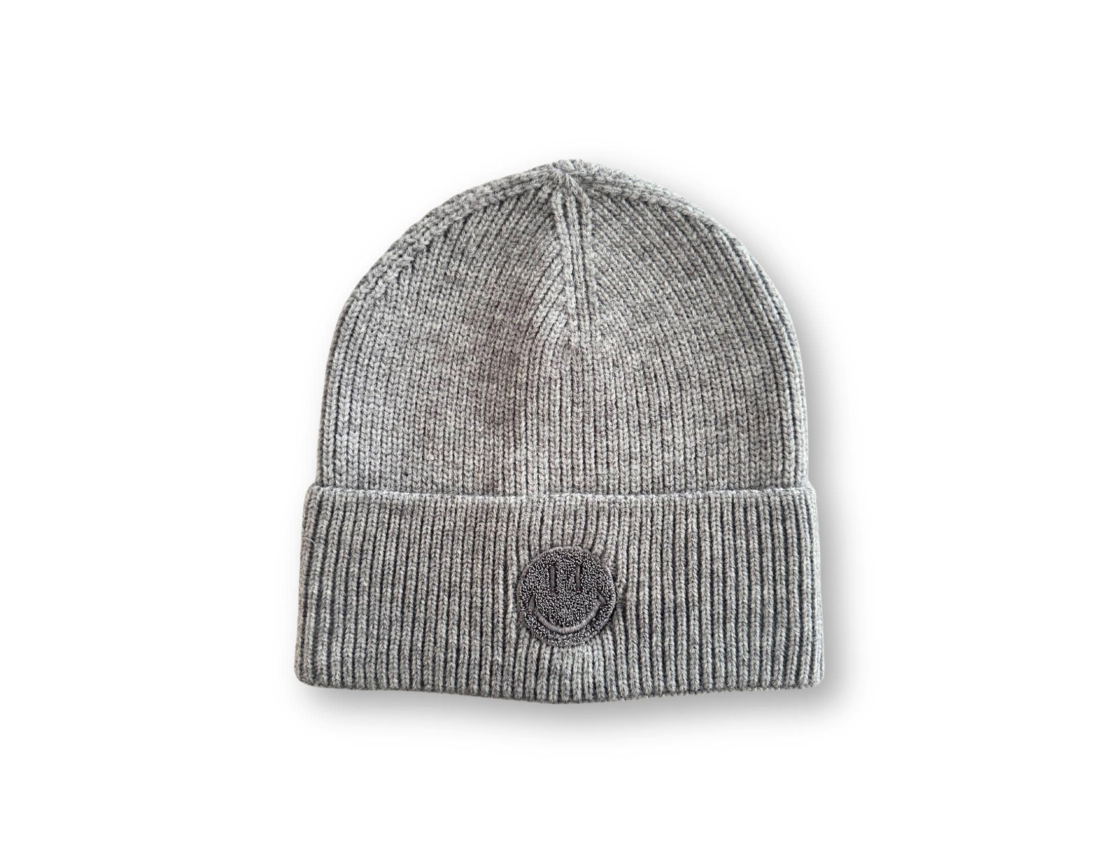 Strick Mütze mit gesticktem Smiley | Beanie in dunkelgrau, hellgrau, taupe, beige und pink | gestrickte Mütze