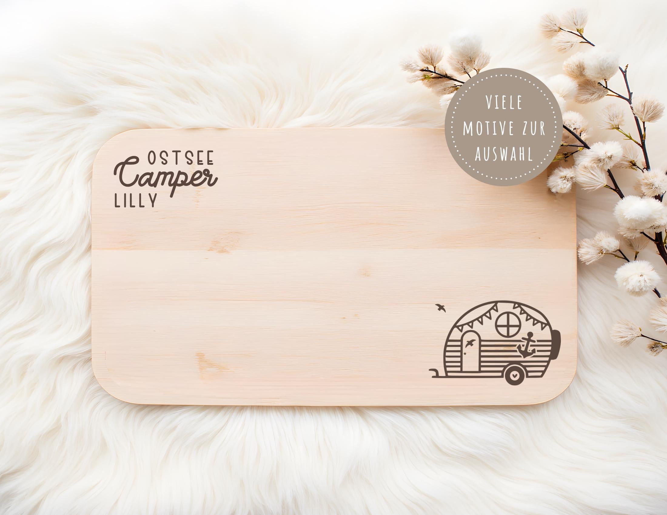 Camper Frühstücksbrettchen personalisiert | Laser Buchenholz | Camping Geschenk | Ostsee Camper | Nordsee Camper | Happy Camper | 9 Motive