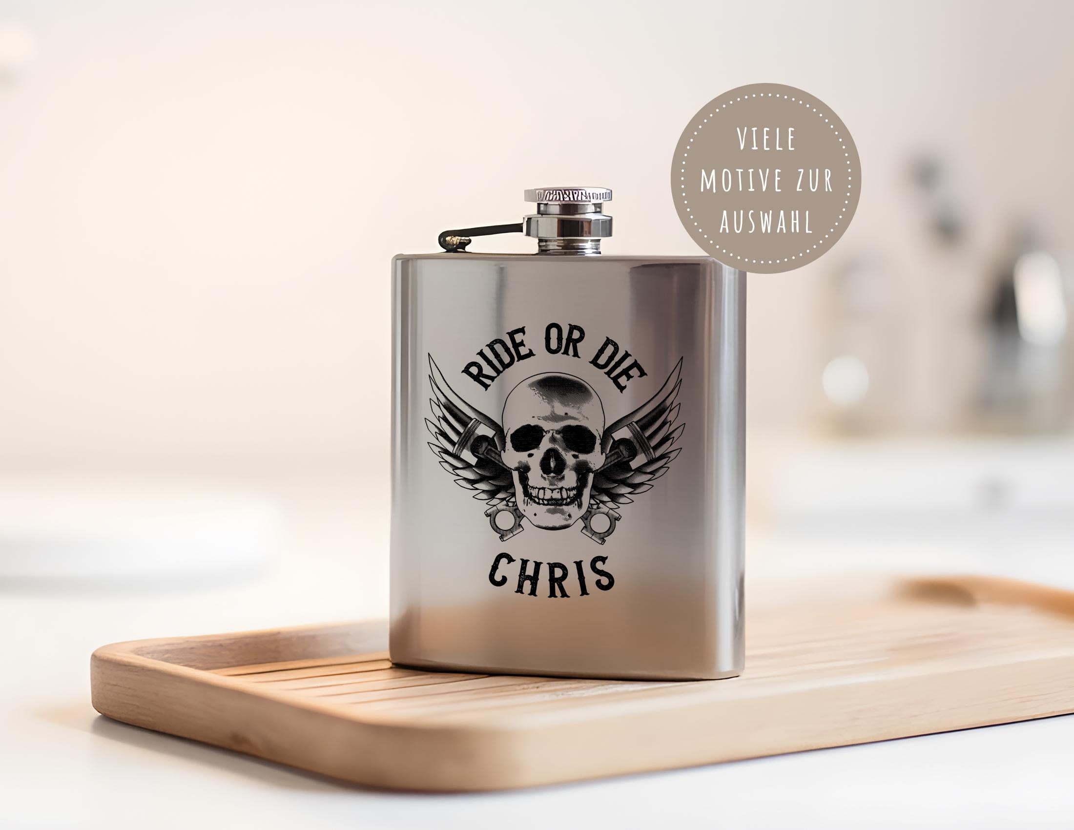 Flachmann | personalisiertes Geschenk für Biker | Trinkflasche Edelstahl mit Namen