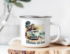 Emaille Tasse | Camping Tasse | personalisiert | Emaille Becher | Campingbus Surfer Retro Vintage VW-Bulli Hippie on tour