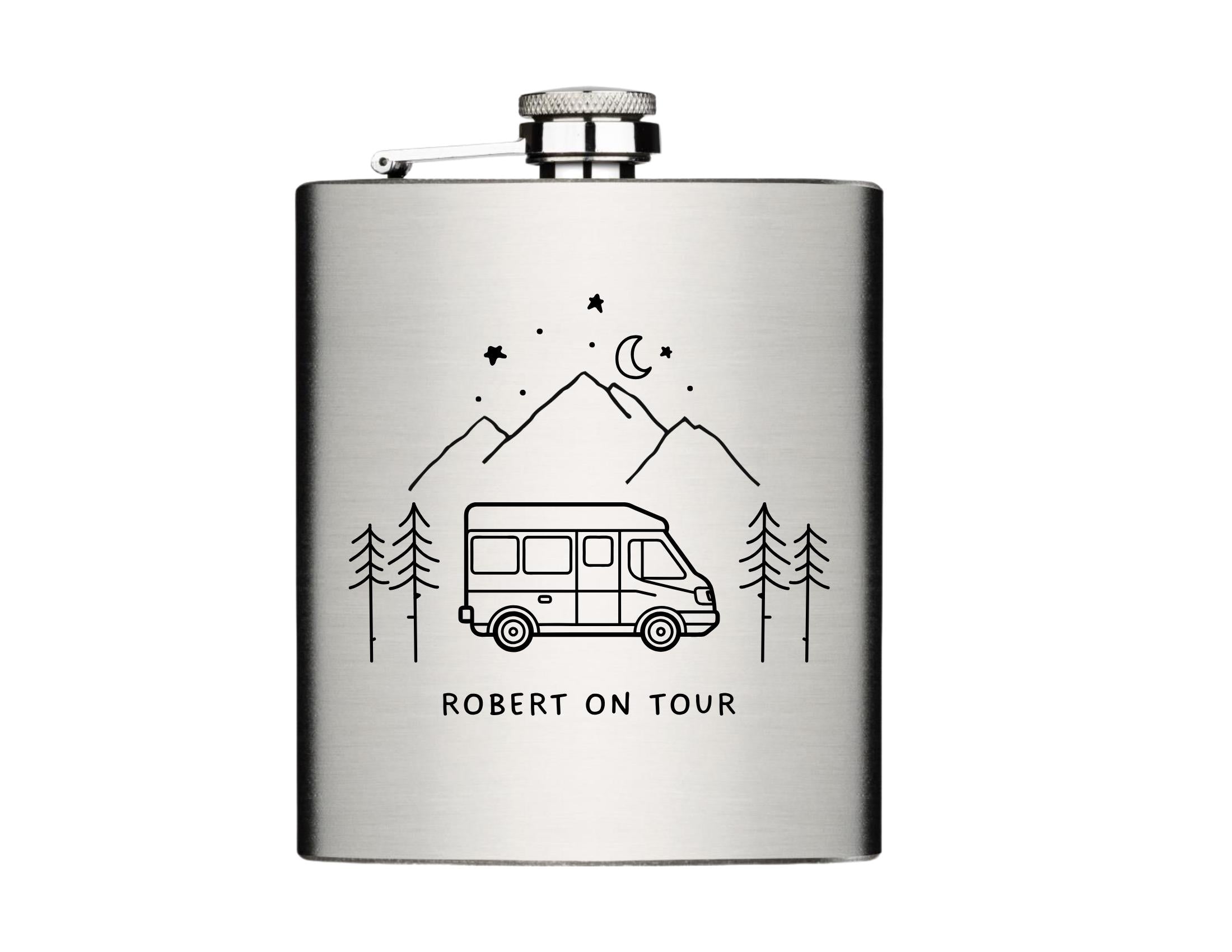 Camper Flachmann | personalisiertes Geschenk Camping | Edelstahl Flasche | Lasergravur | Name, Text & WoMo nach Wunsch einsetzbar