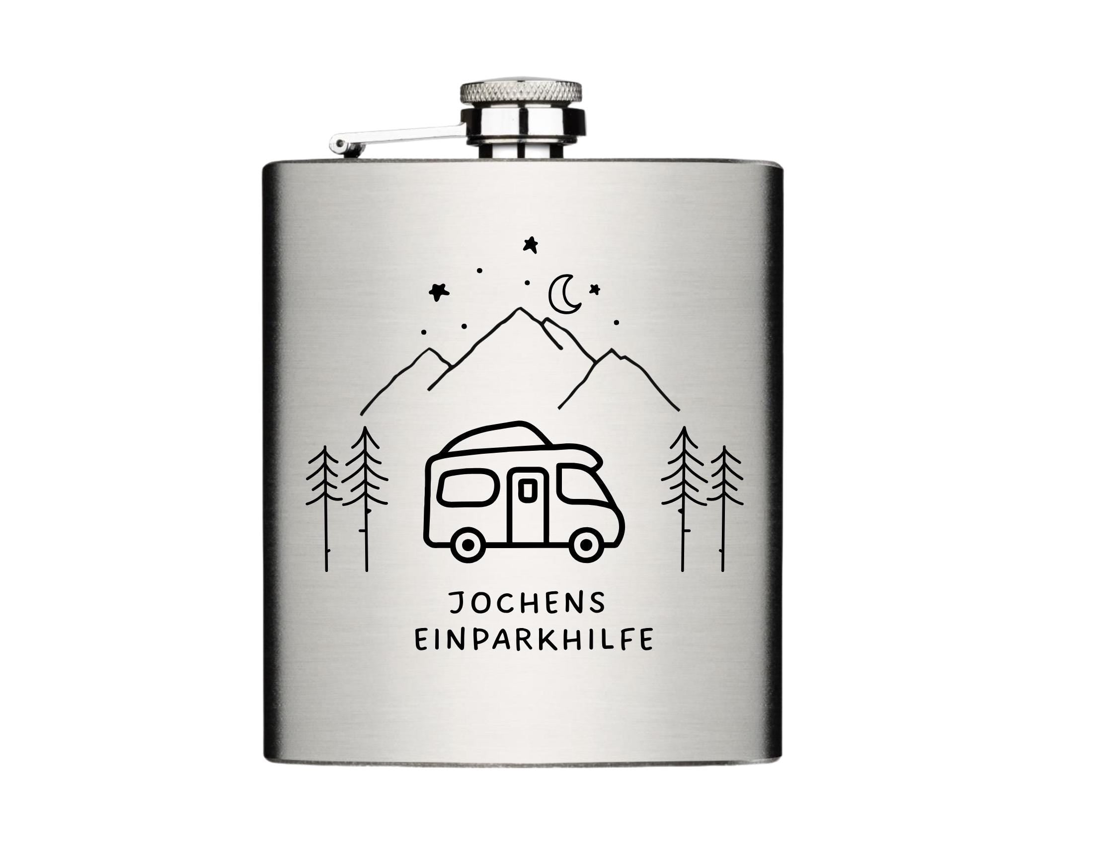 Camper Flachmann | personalisiertes Geschenk Camping | Edelstahl Flasche | Lasergravur | Name, Text & WoMo nach Wunsch einsetzbar