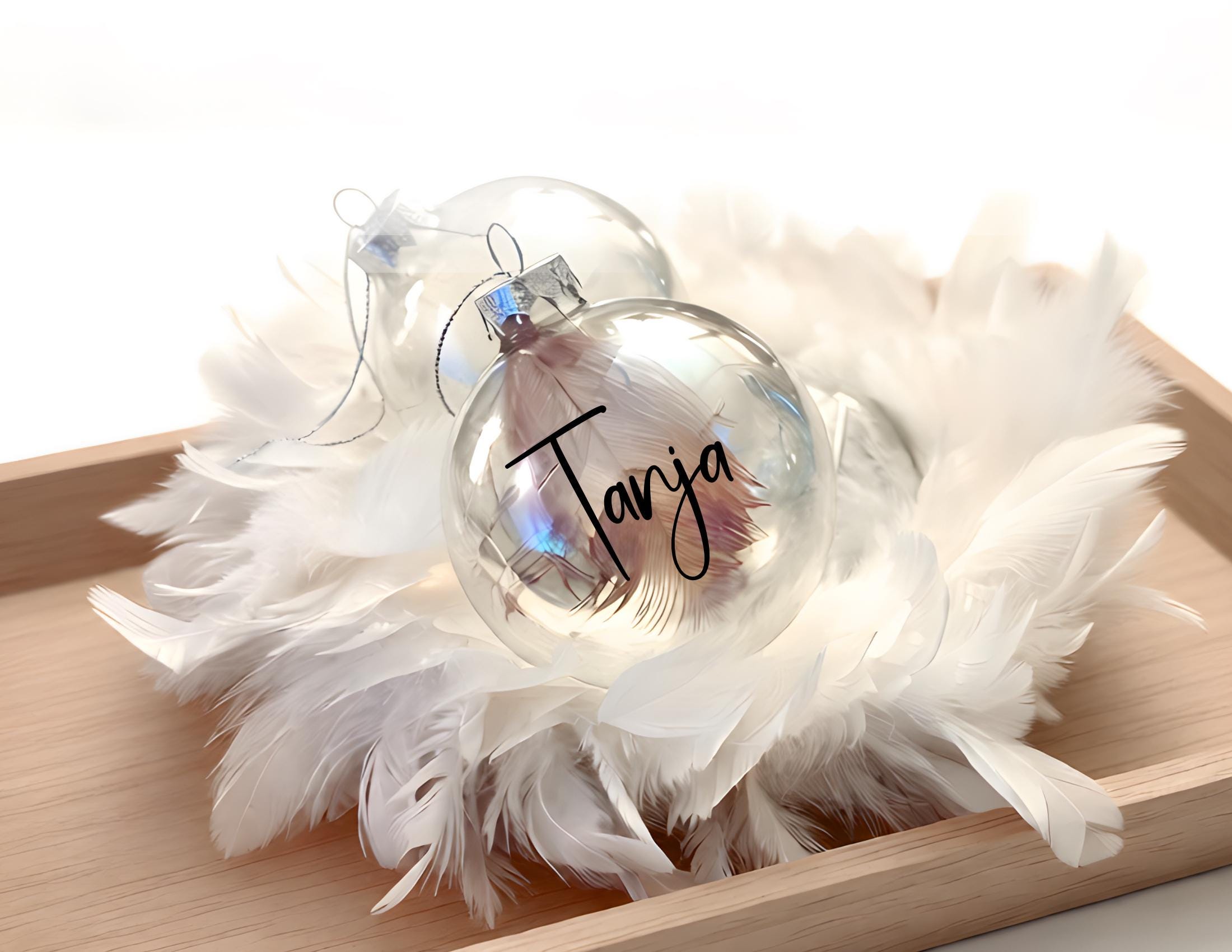 Personalisierte Weihnachtskugel aus irisierendem Glas | gefüllt mit Federn | Seifenblasen Kugell | 7 oder 8 cm | mit Namen