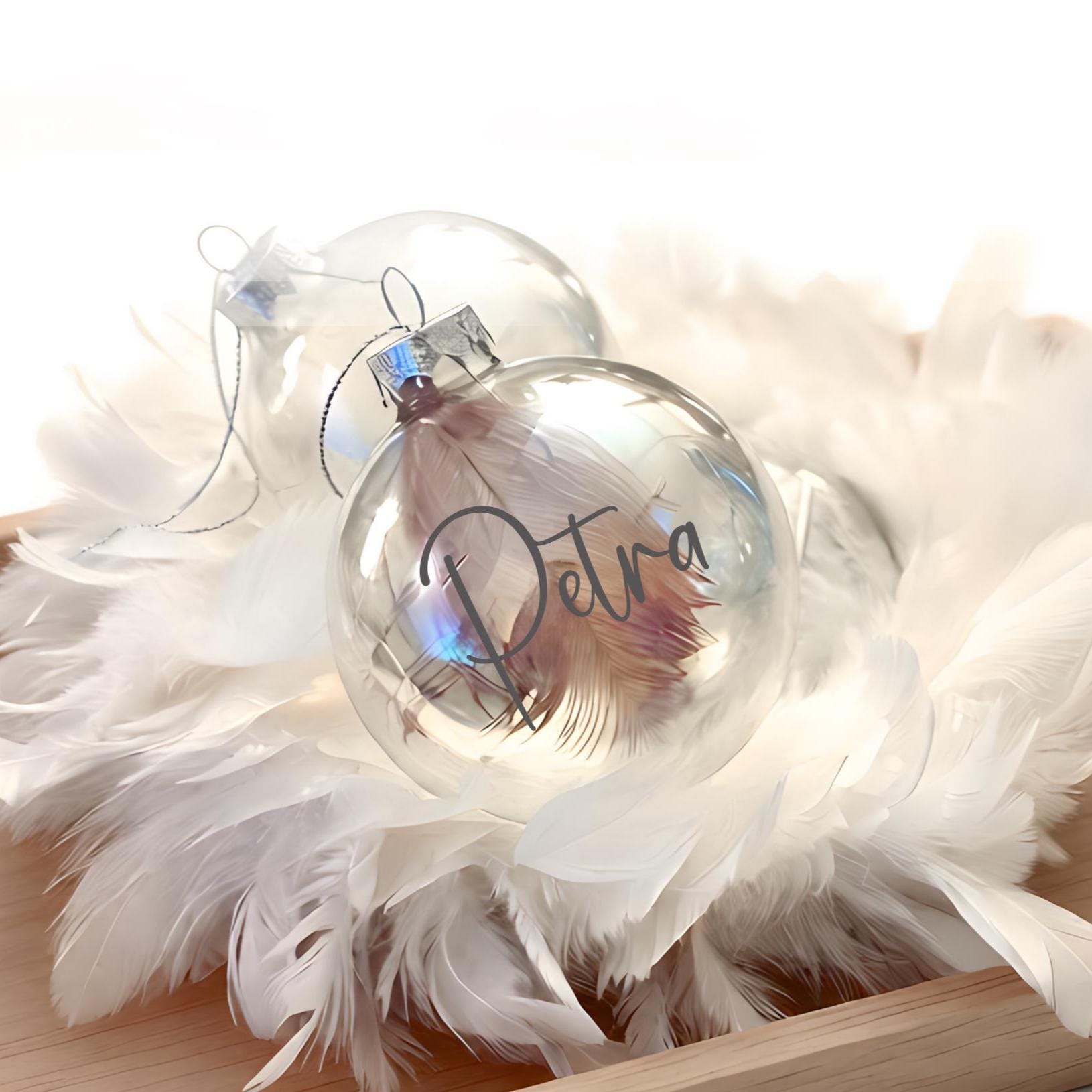 Personalisierte Weihnachtskugel aus irisierendem Glas | gefüllt mit Federn | Seifenblasen Kugell | 7 oder 8 cm | mit Namen