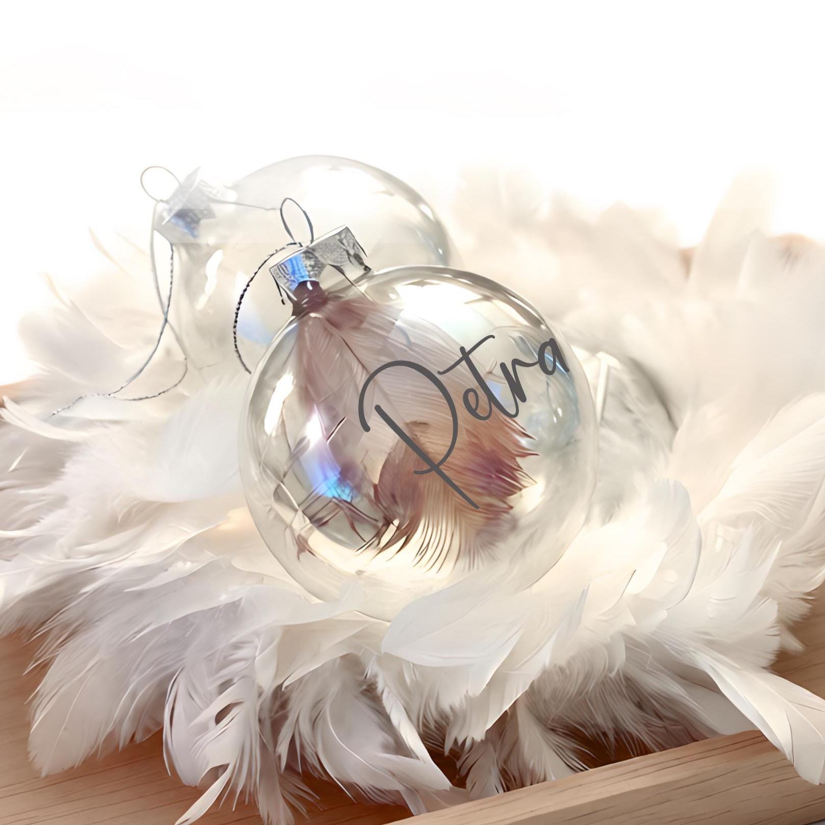 Personalisierte Weihnachtskugel aus irisierendem Glas | gefüllt mit Federn | Seifenblasen Kugell | 7 oder 8 cm | mit Namen