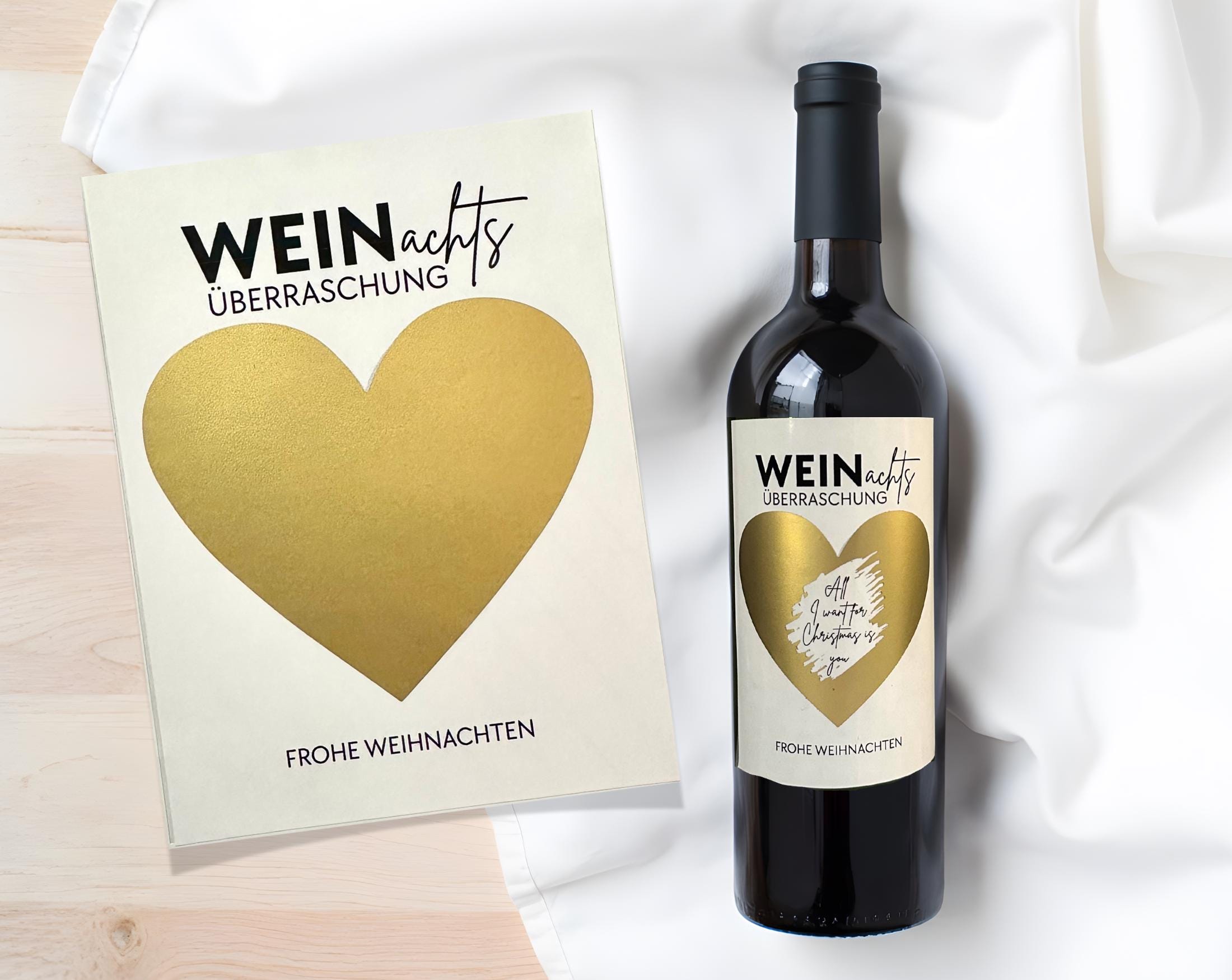 Weihnachts Weinflaschen Etikett personalisiert | Gutschein zum Rubbeln | Herz in gold oder roségold | Überraschung | Last Minute Geschenk