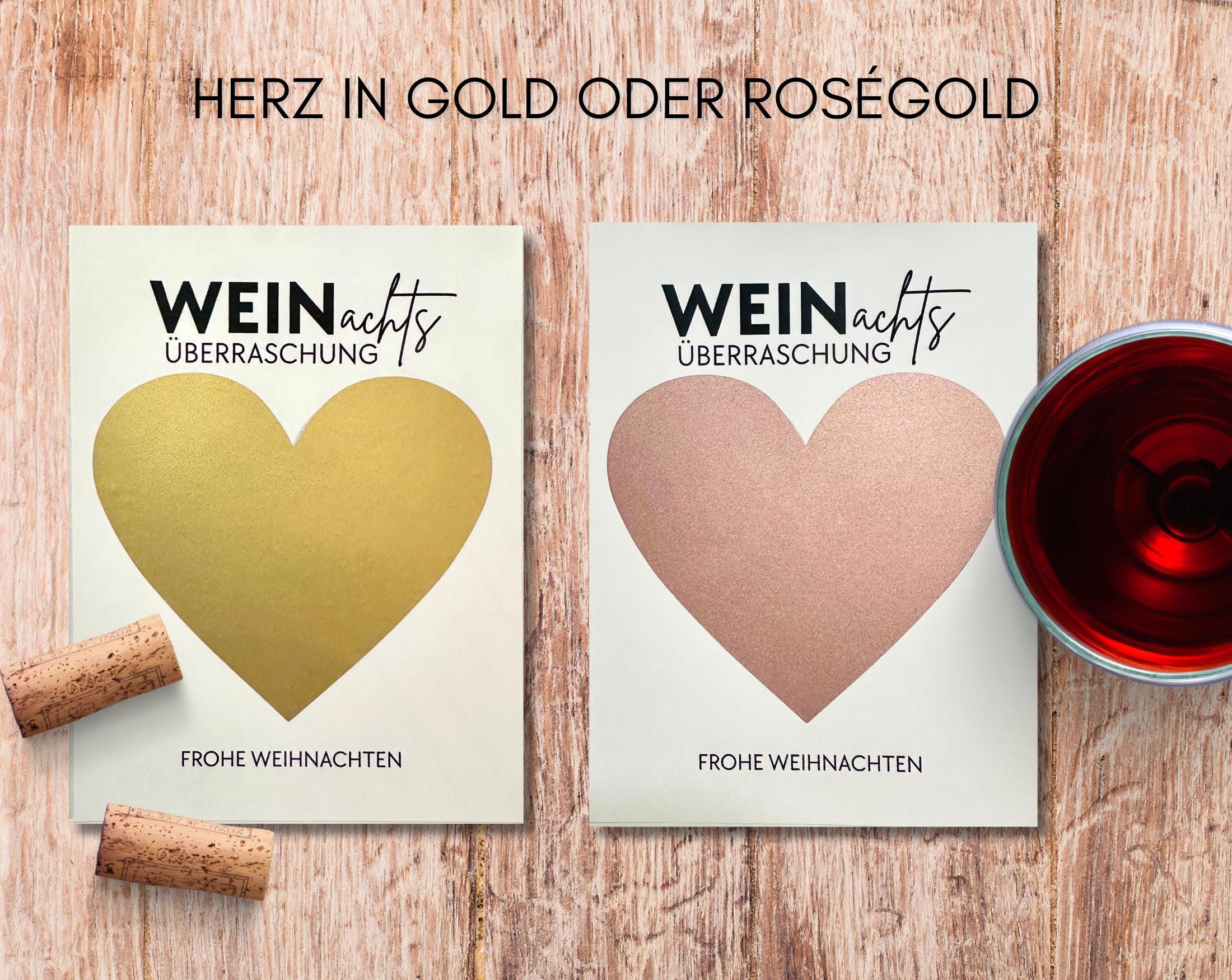 Weihnachts Weinflaschen Etikett personalisiert | Gutschein zum Rubbeln | Herz in gold oder roségold | Überraschung | Last Minute Geschenk