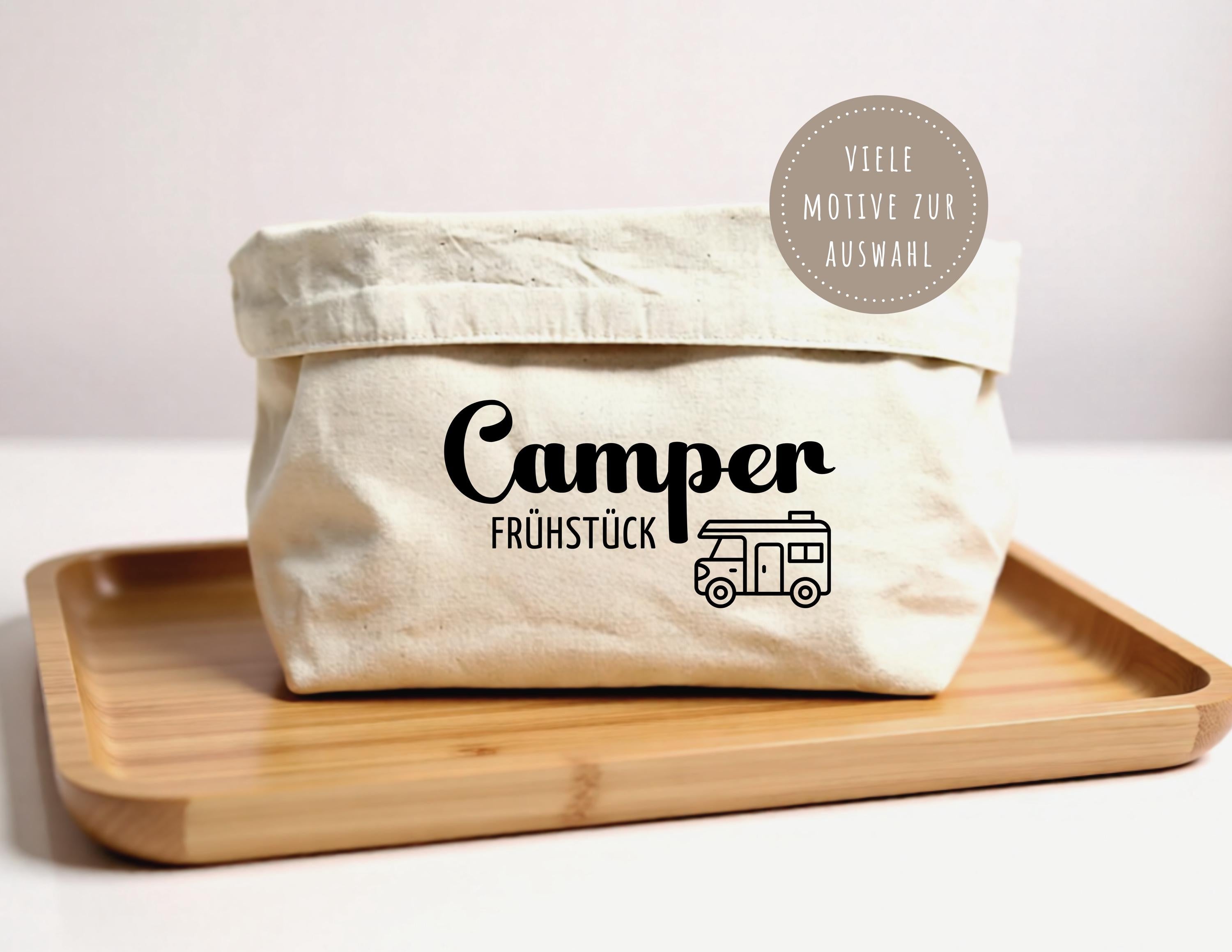 Camper Frühstück Brotkörbchen personalisiert | beiger Stoffkorb | Brotkorb | mit Wohnmobil und Namen