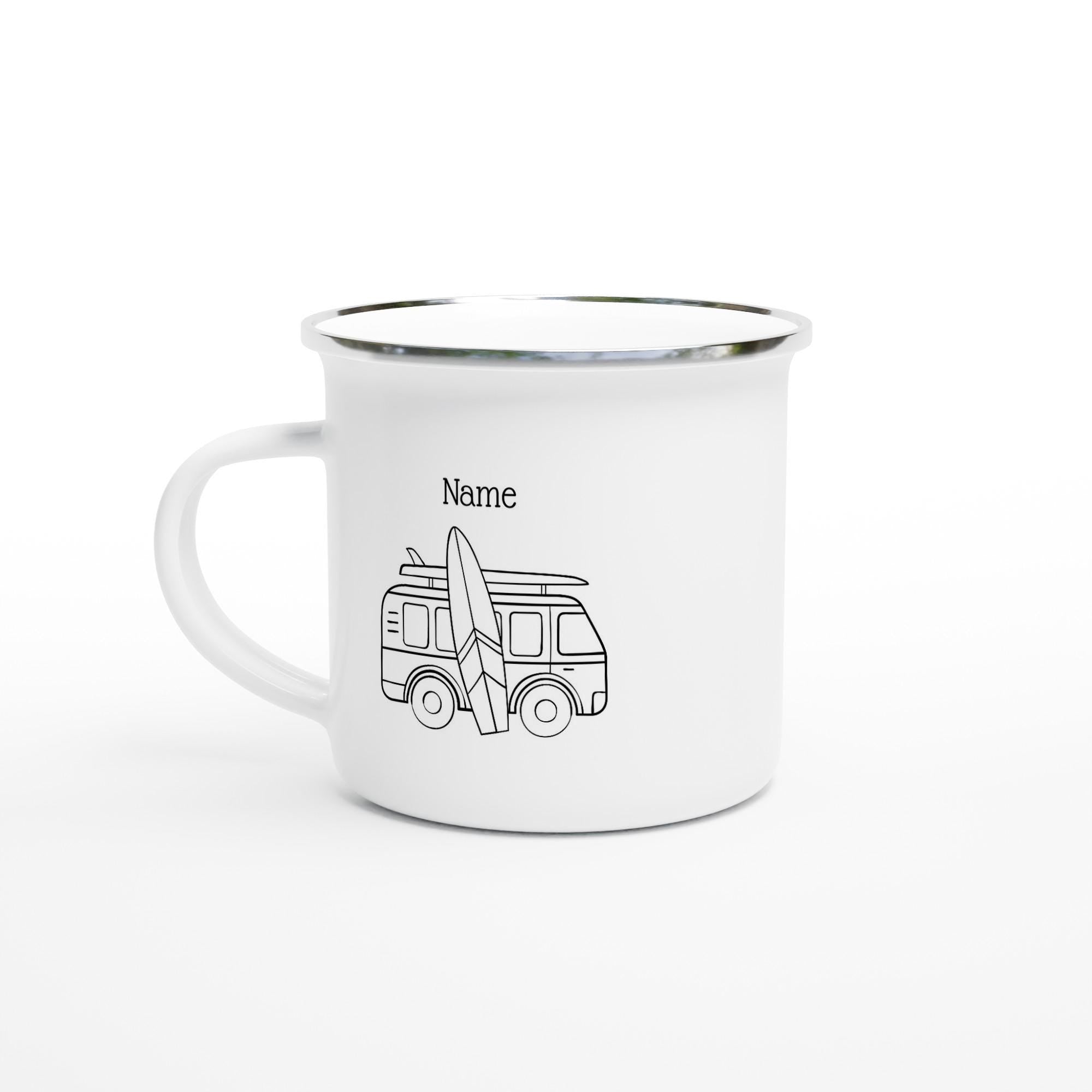 Personalisierte Emaille Tasse Camper - Bulli mit Surfbrett - Ideal für Camping & Reisen