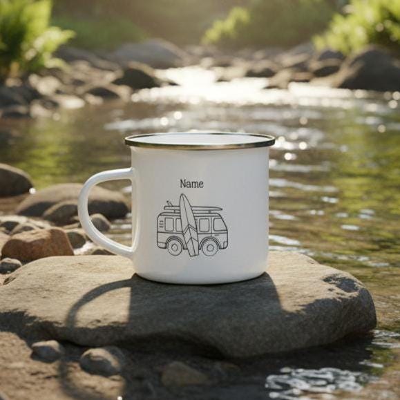 Personalisierte Emaille Tasse Camper - Bulli mit Surfbrett - Ideal für Camping & Reisen