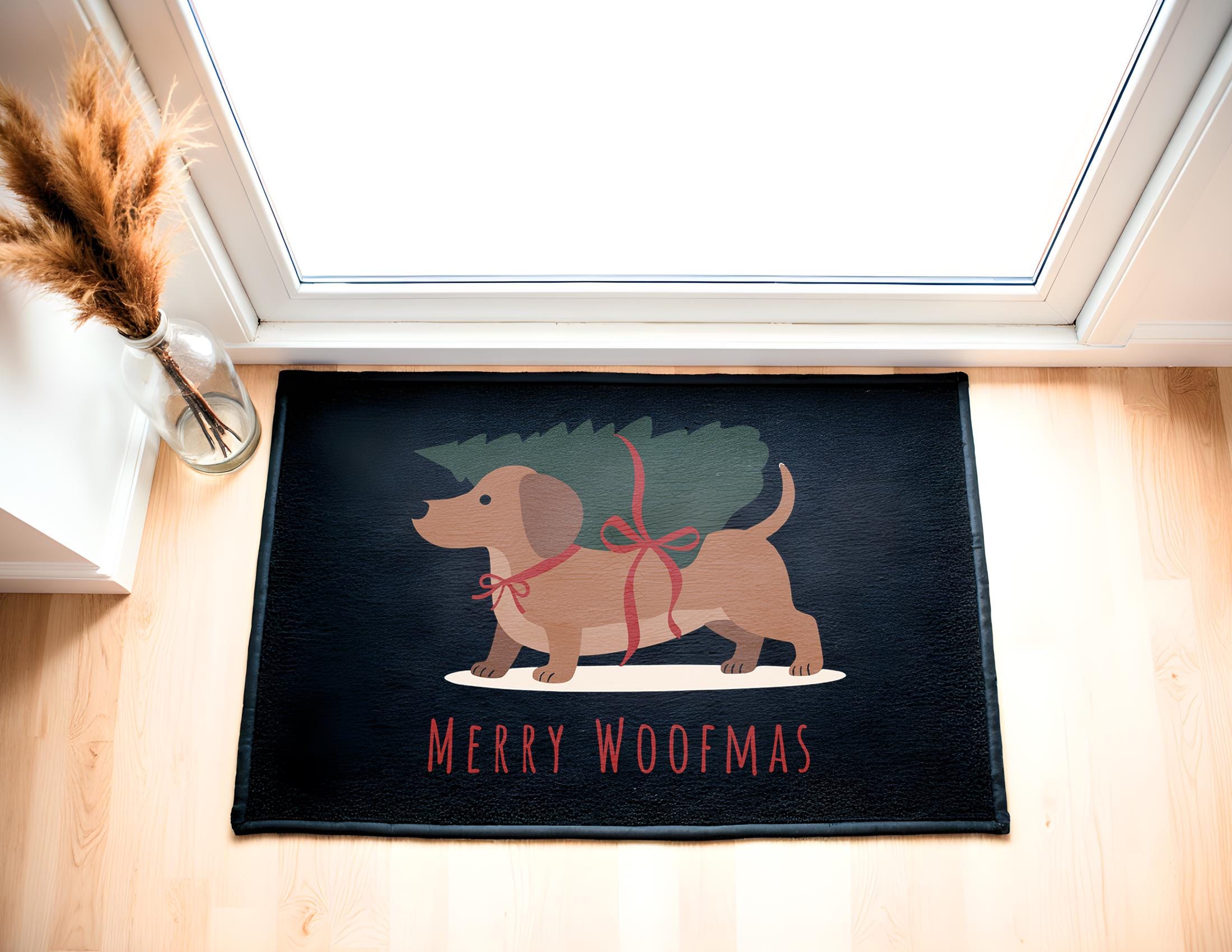 Fußmatte Weihnachten | Merry Woofmas | Dackel Motiv | schwarzer Weihnachts Fußabtreter