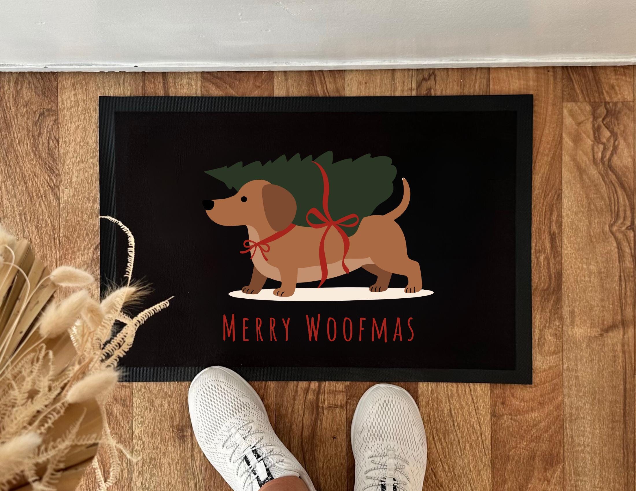 Fußmatte Weihnachten | Merry Woofmas | Dackel Motiv | schwarzer Weihnachts Fußabtreter
