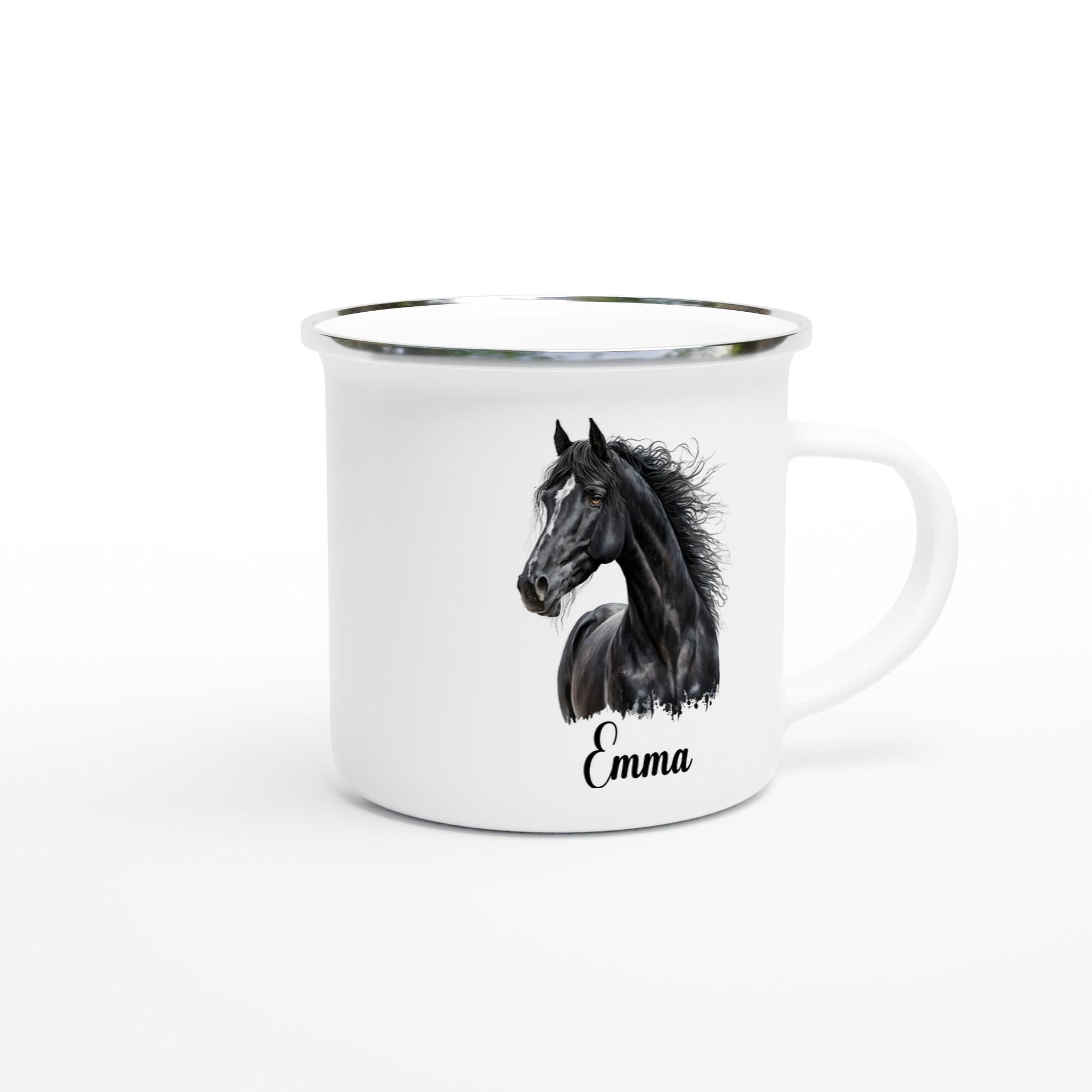 Personalisierte Emaille-Tasse mit Pferdemotiven | Weiße Emaille Tasse | Geschenk für Pferdefans