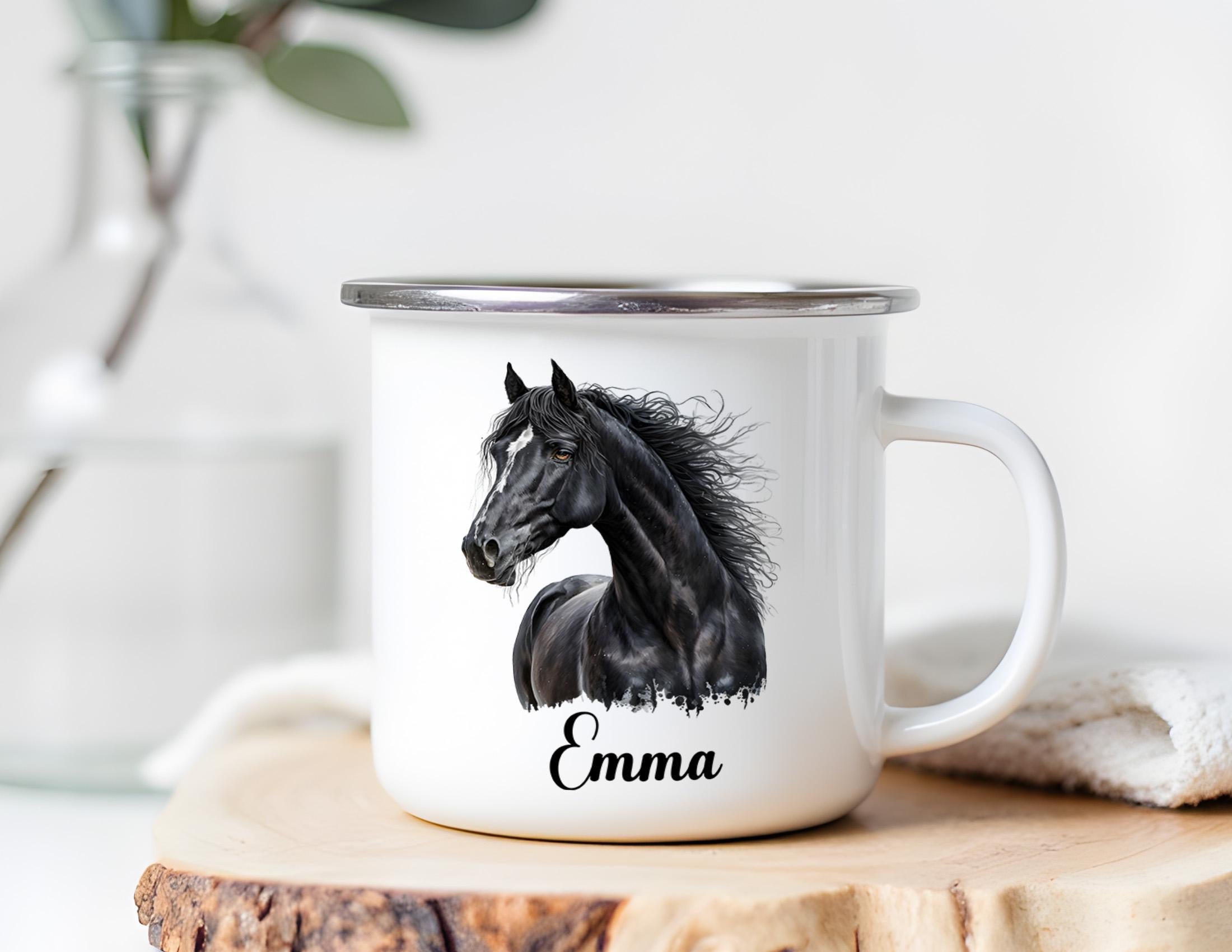 Personalisierte Emaille-Tasse mit Pferdemotiven | Weiße Emaille Tasse | Geschenk für Pferdefans