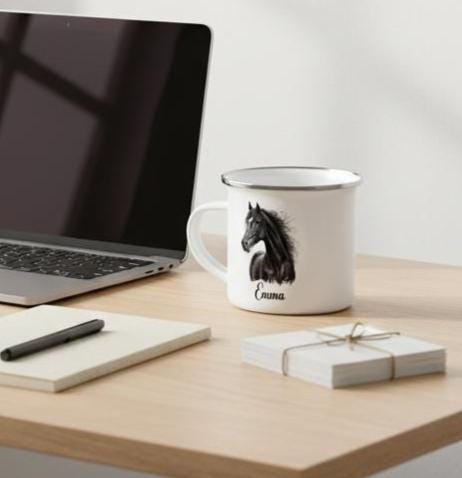 Personalisierte Emaille-Tasse mit Pferdemotiven | Weiße Emaille Tasse | Geschenk für Pferdefans