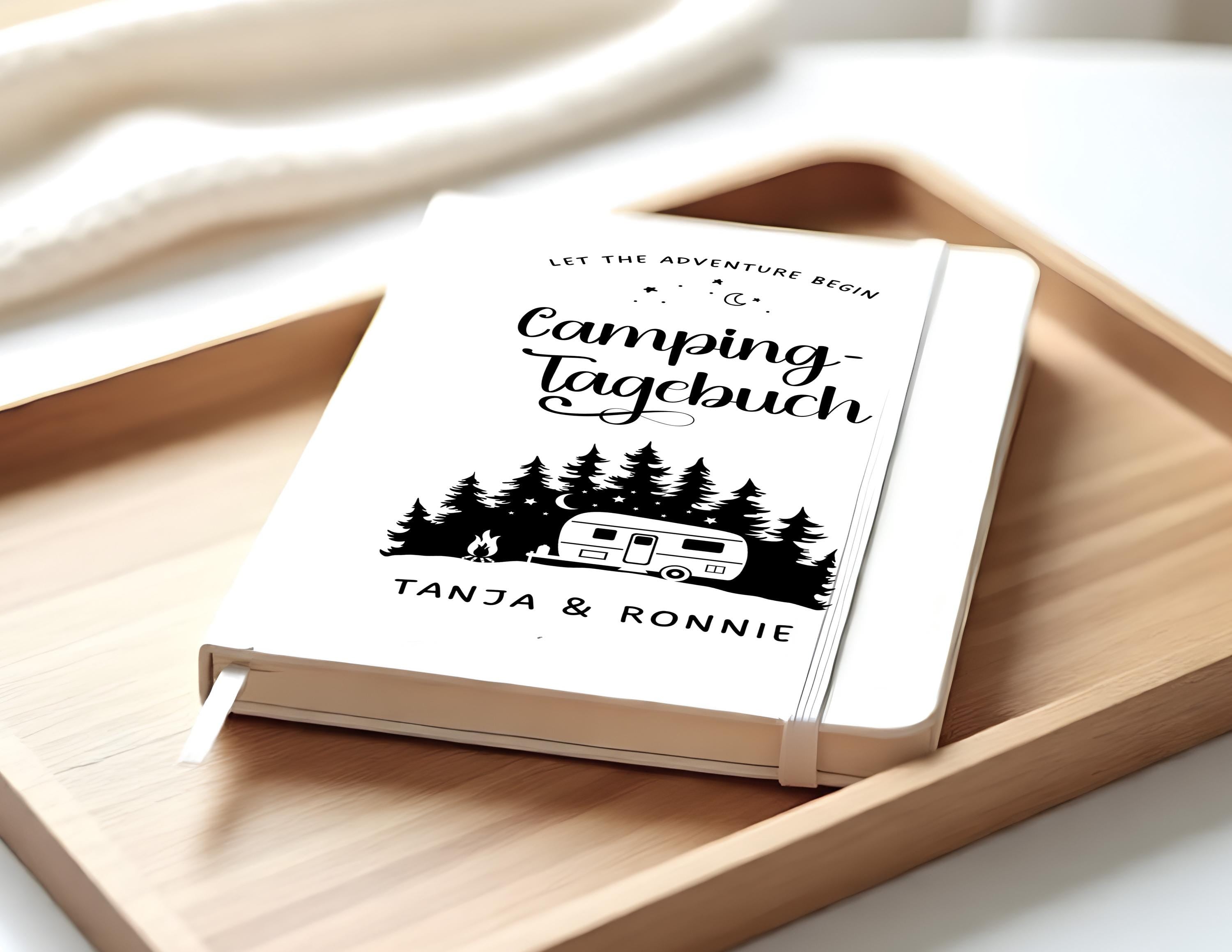 Camping Tagebuch | Weißes Notizbuch mit Personalisierung | Logbuch für Camper in A5 liniert | anpassbar Name, Titel und zusätzliche Headline