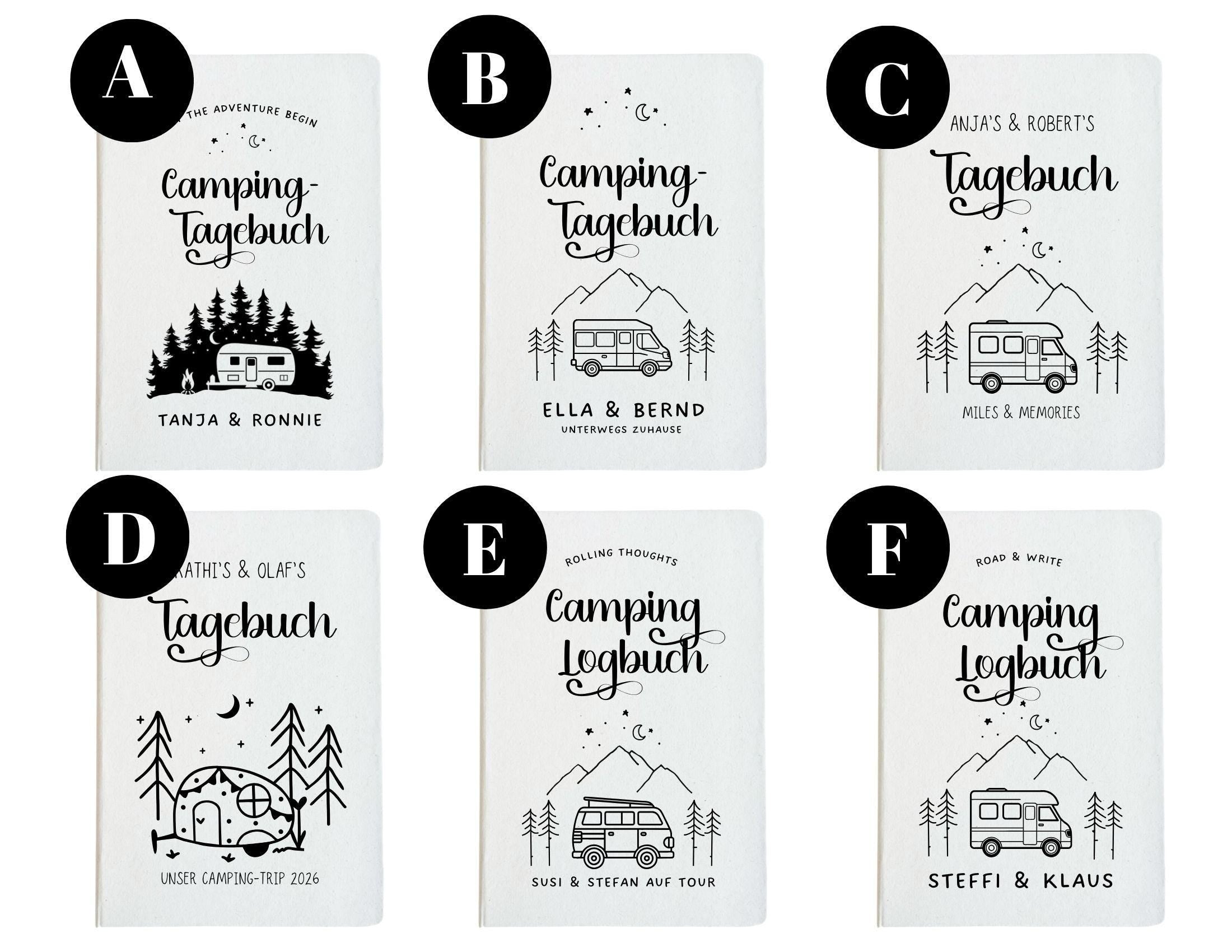 Camping Tagebuch | Weißes Notizbuch mit Personalisierung | Logbuch für Camper in A5 liniert | anpassbar Name, Titel und zusätzliche Headline