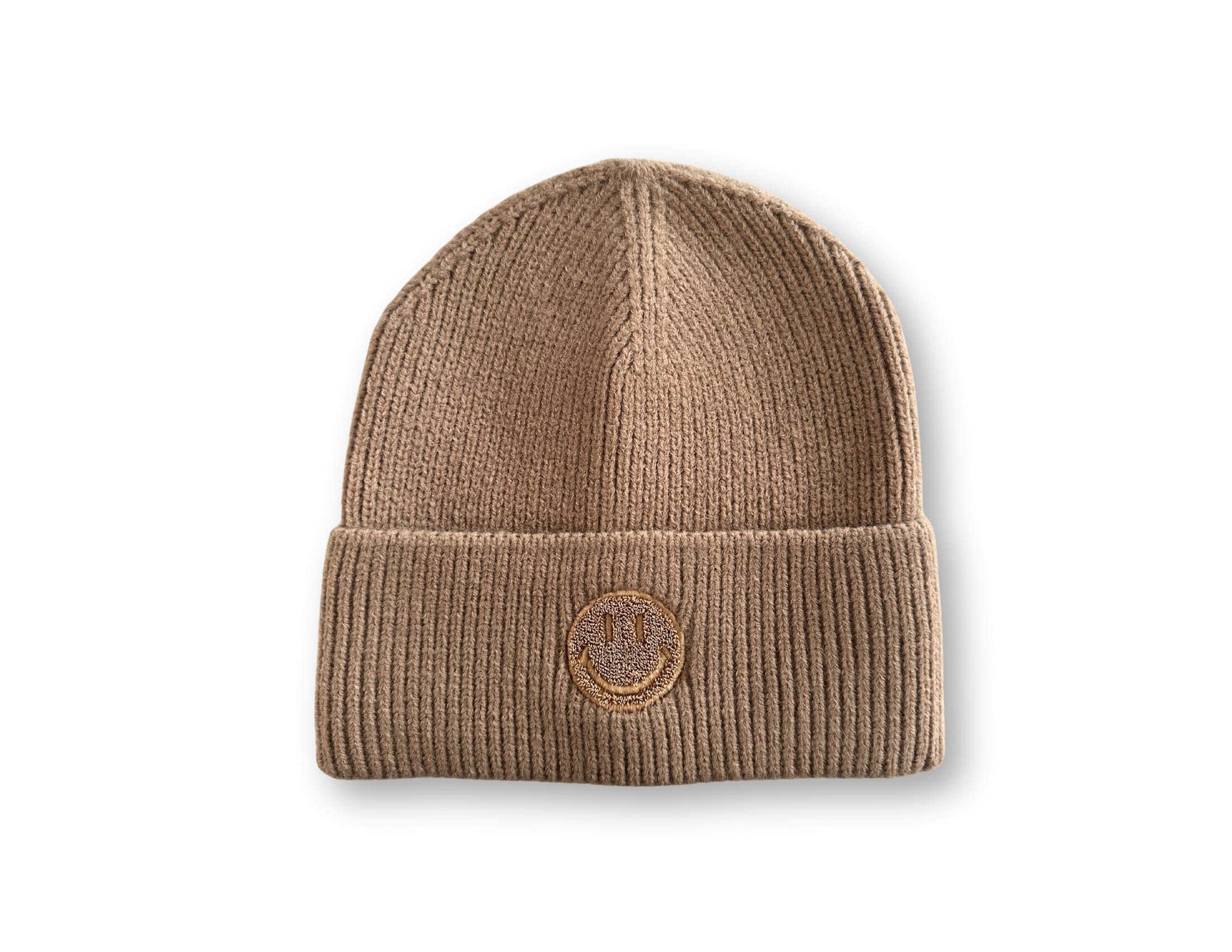 Strick Mütze mit gesticktem Smiley | Beanie in dunkelgrau, hellgrau, taupe, beige und pink | gestrickte Mütze