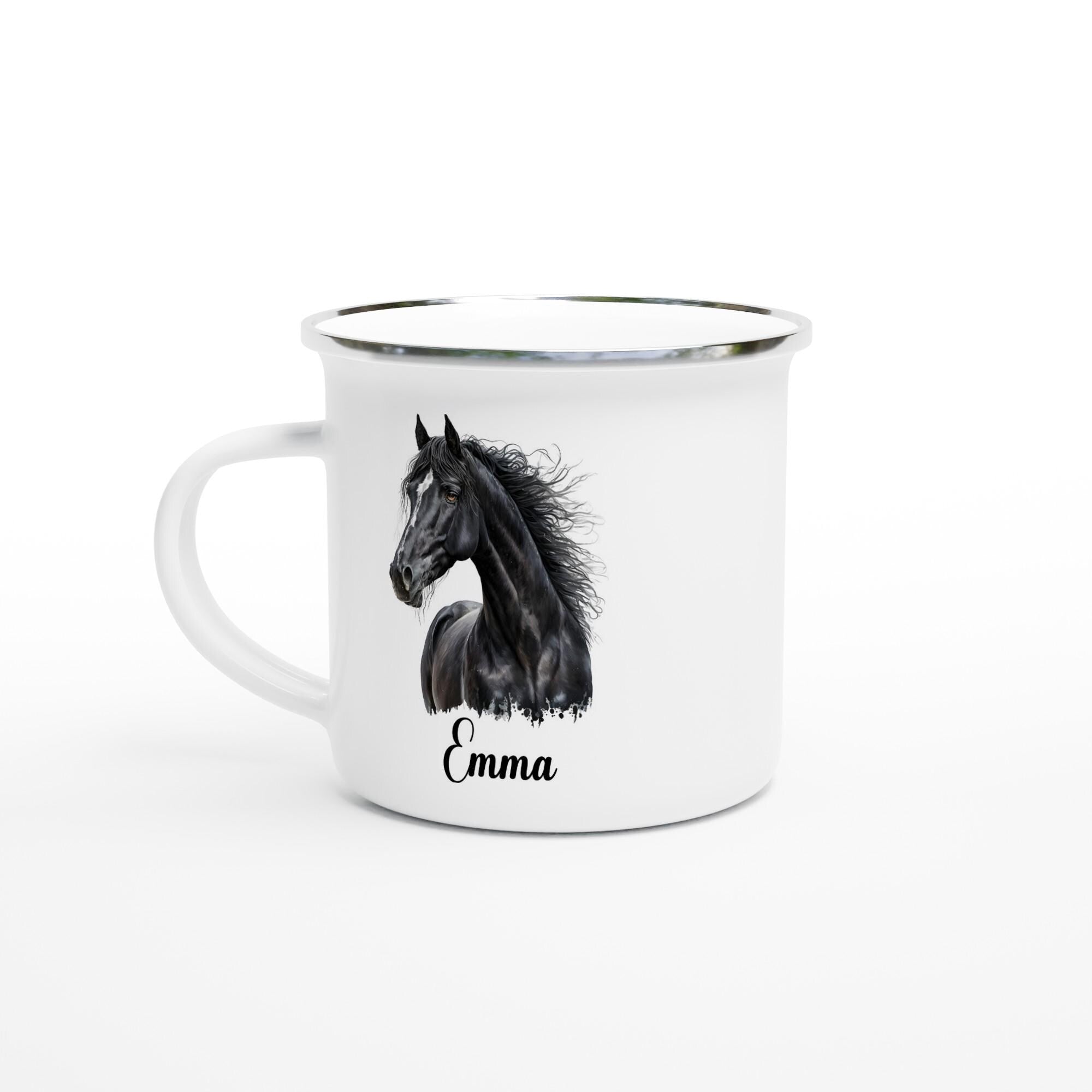 Personalisierte Emaille-Tasse mit Pferdemotiven | Weiße Emaille Tasse | Geschenk für Pferdefans