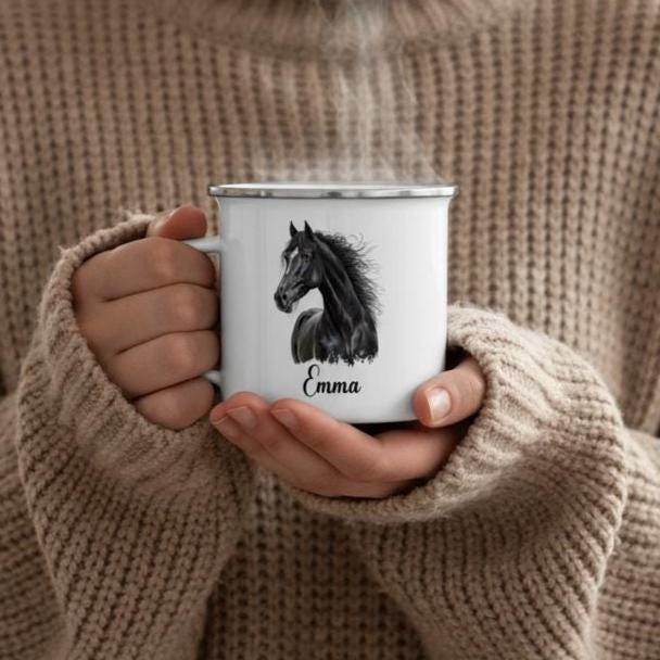 Personalisierte Emaille-Tasse mit Pferdemotiven | Weiße Emaille Tasse | Geschenk für Pferdefans