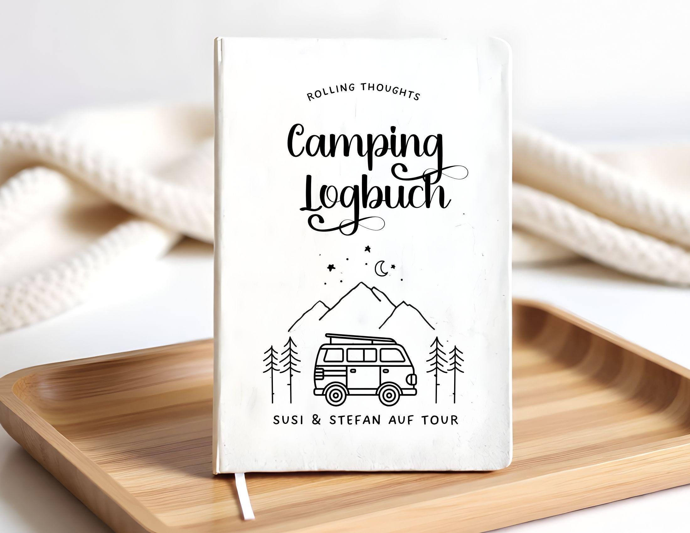 Camping Tagebuch | Weißes Notizbuch mit Personalisierung | Logbuch für Camper in A5 liniert | anpassbar Name, Titel und zusätzliche Headline
