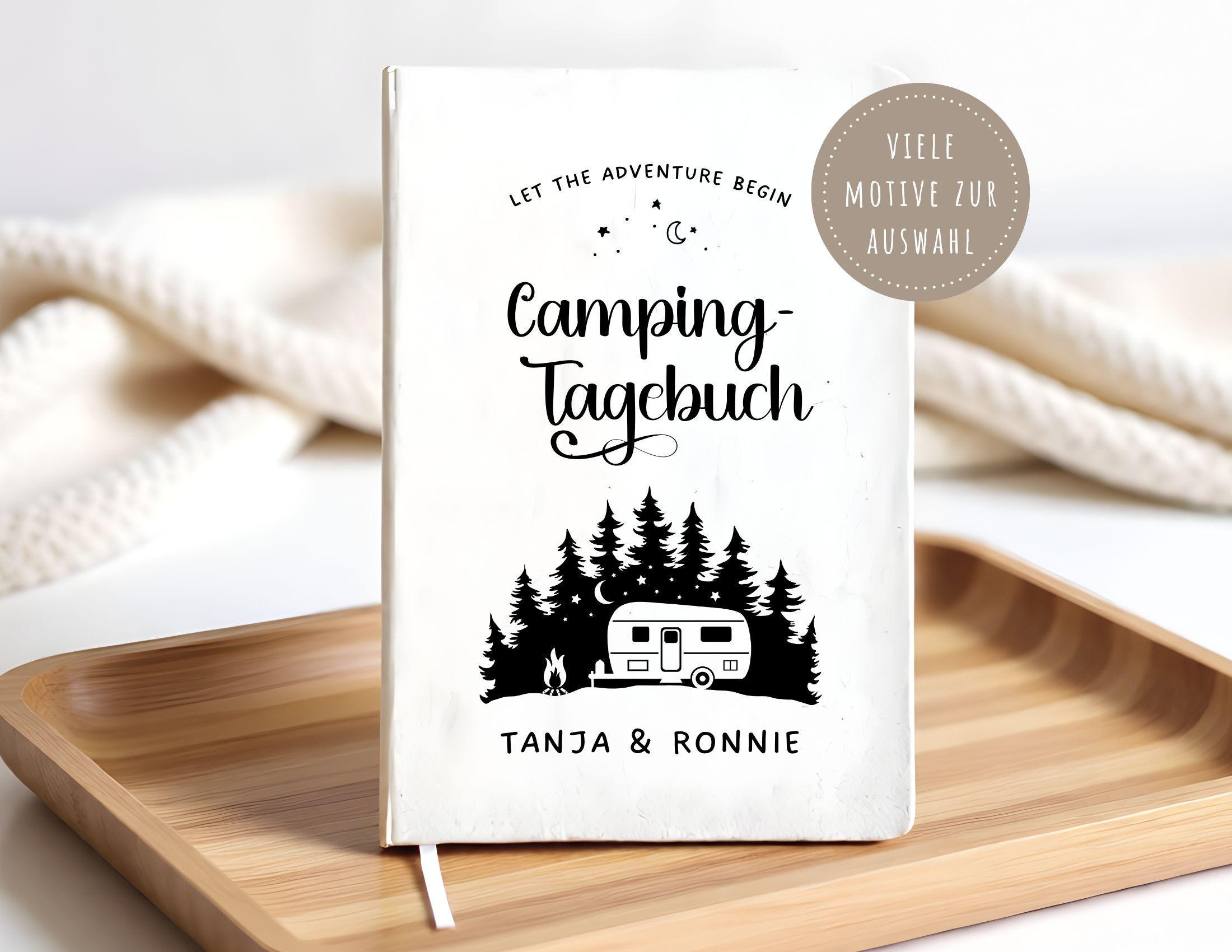 Camping Tagebuch | Weißes Notizbuch mit Personalisierung | Logbuch für Camper in A5 liniert | anpassbar Name, Titel und zusätzliche Headline