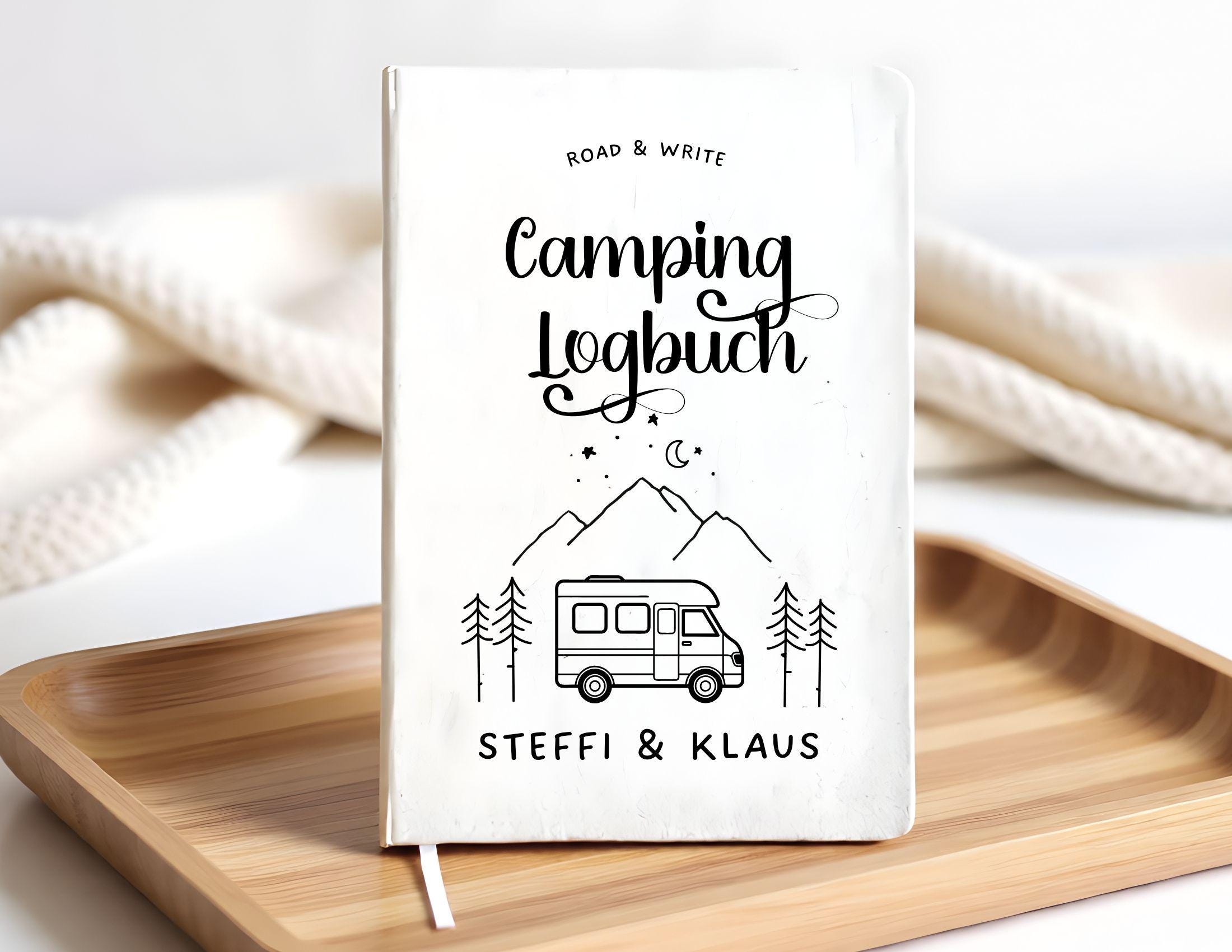 Camping Tagebuch | Weißes Notizbuch mit Personalisierung | Logbuch für Camper in A5 liniert | anpassbar Name, Titel und zusätzliche Headline