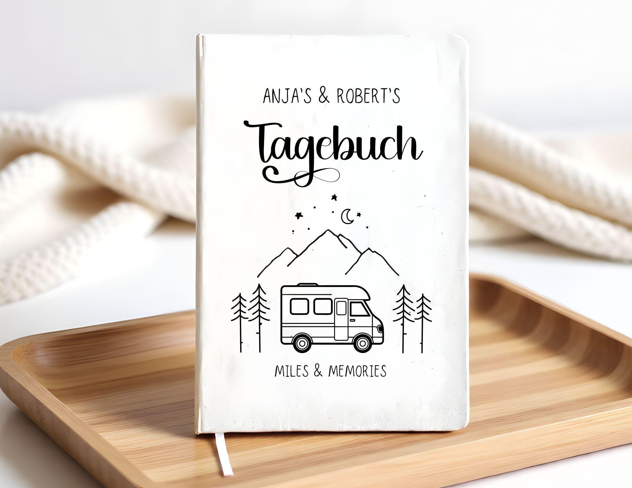 Camping Tagebuch | Weißes Notizbuch mit Personalisierung | Logbuch für Camper in A5 liniert | anpassbar Name, Titel und zusätzliche Headline