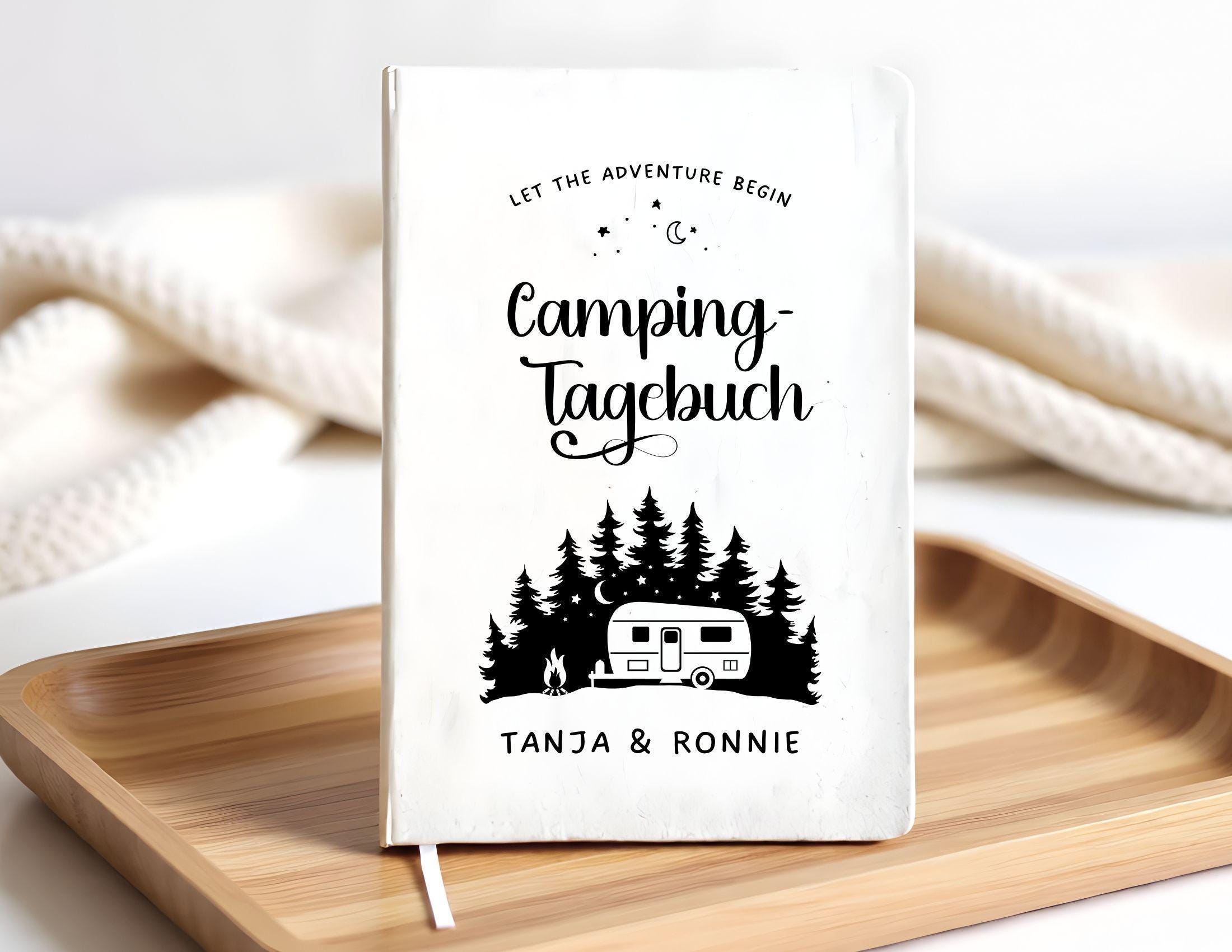 Camping Tagebuch | Weißes Notizbuch mit Personalisierung | Logbuch für Camper in A5 liniert | anpassbar Name, Titel und zusätzliche Headline