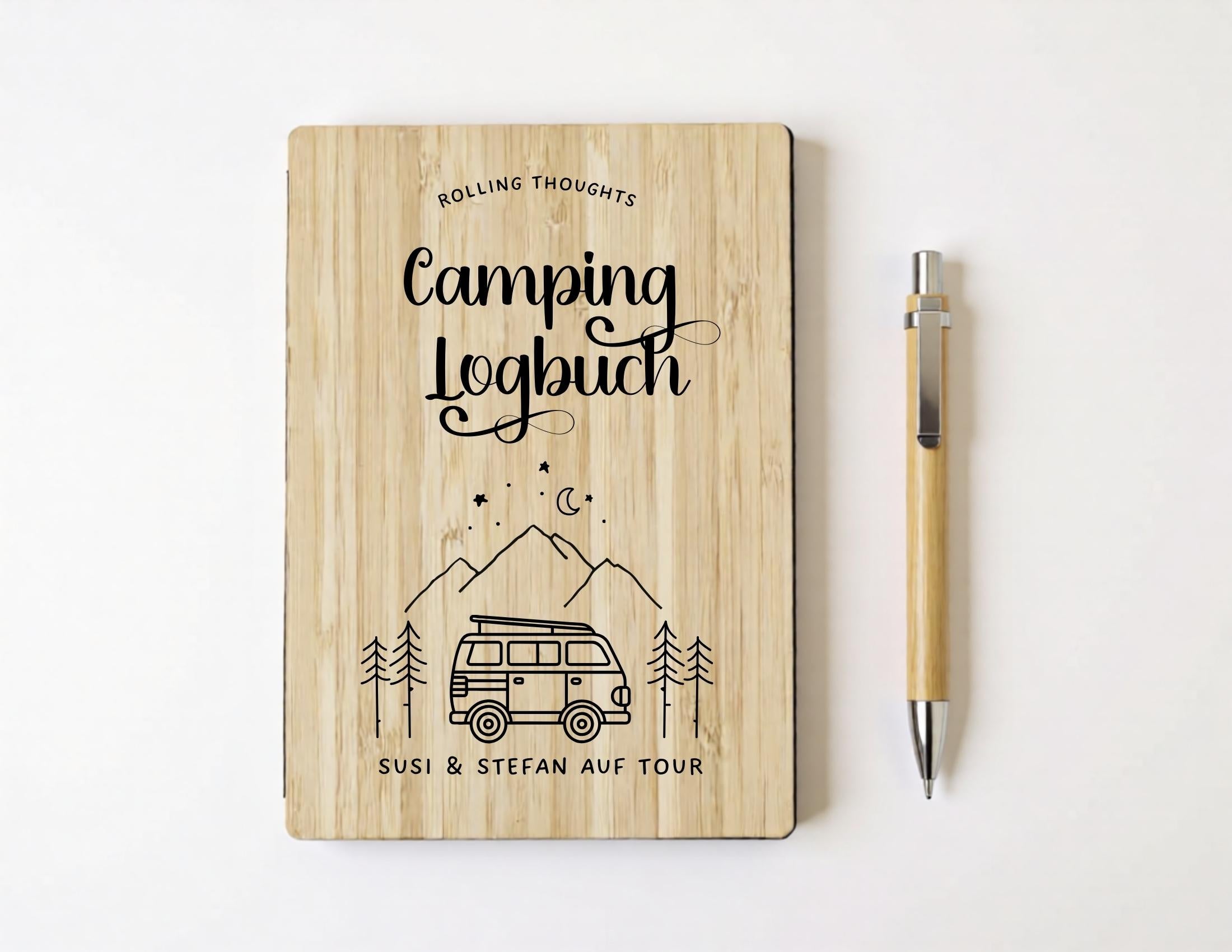 Camping Tagebuch personalisiert mit Name, Titel, Headline | Camper Notizbuch | Bambus Einband | Logbuch liniert inkl. Bambus Kugelschreiber
