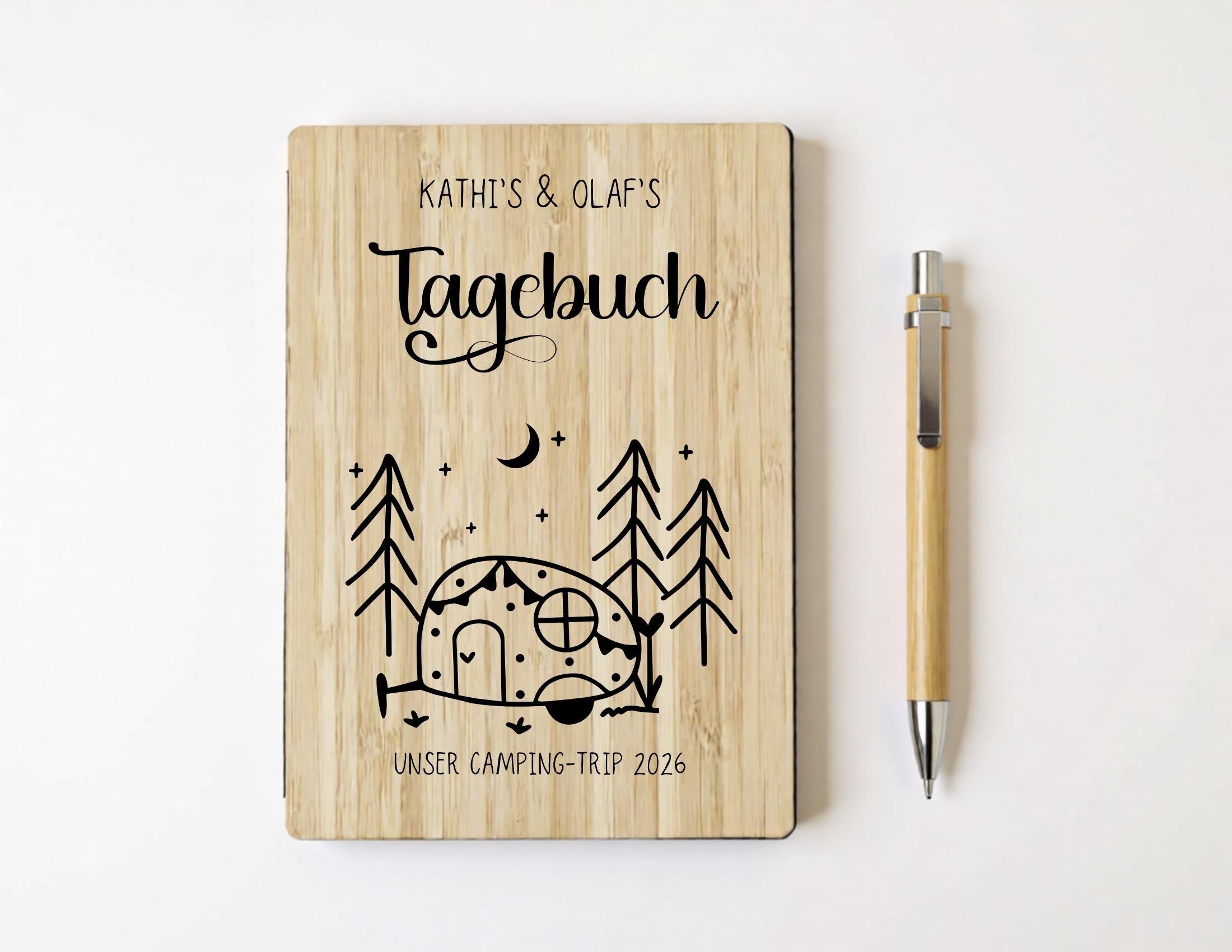 Camping Tagebuch personalisiert mit Name, Titel, Headline | Camper Notizbuch | Bambus Einband | Logbuch liniert inkl. Bambus Kugelschreiber