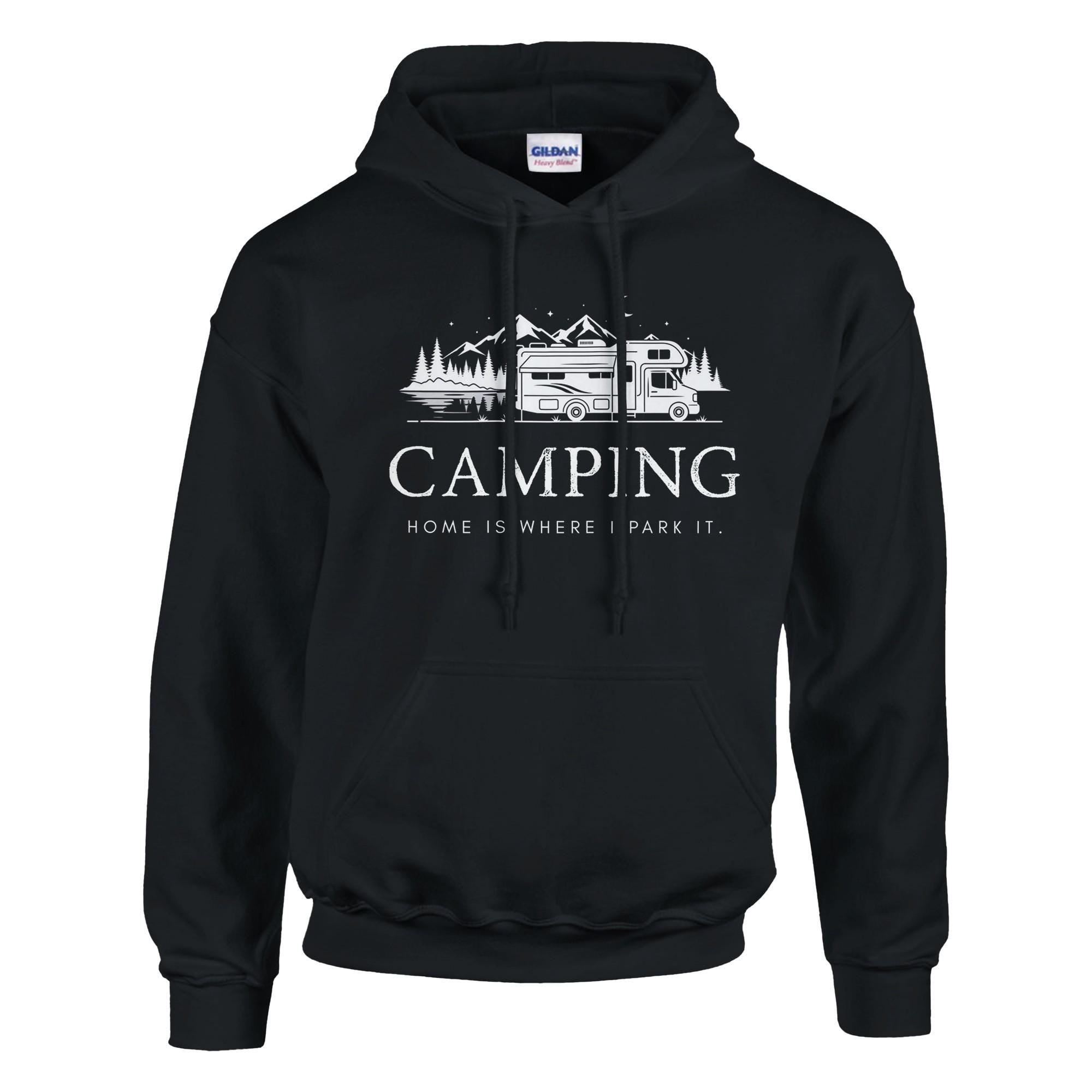 Schwarzer Hoodie für Camper - 'Home is Where I Park It' - Bequeme Baumwollmischung