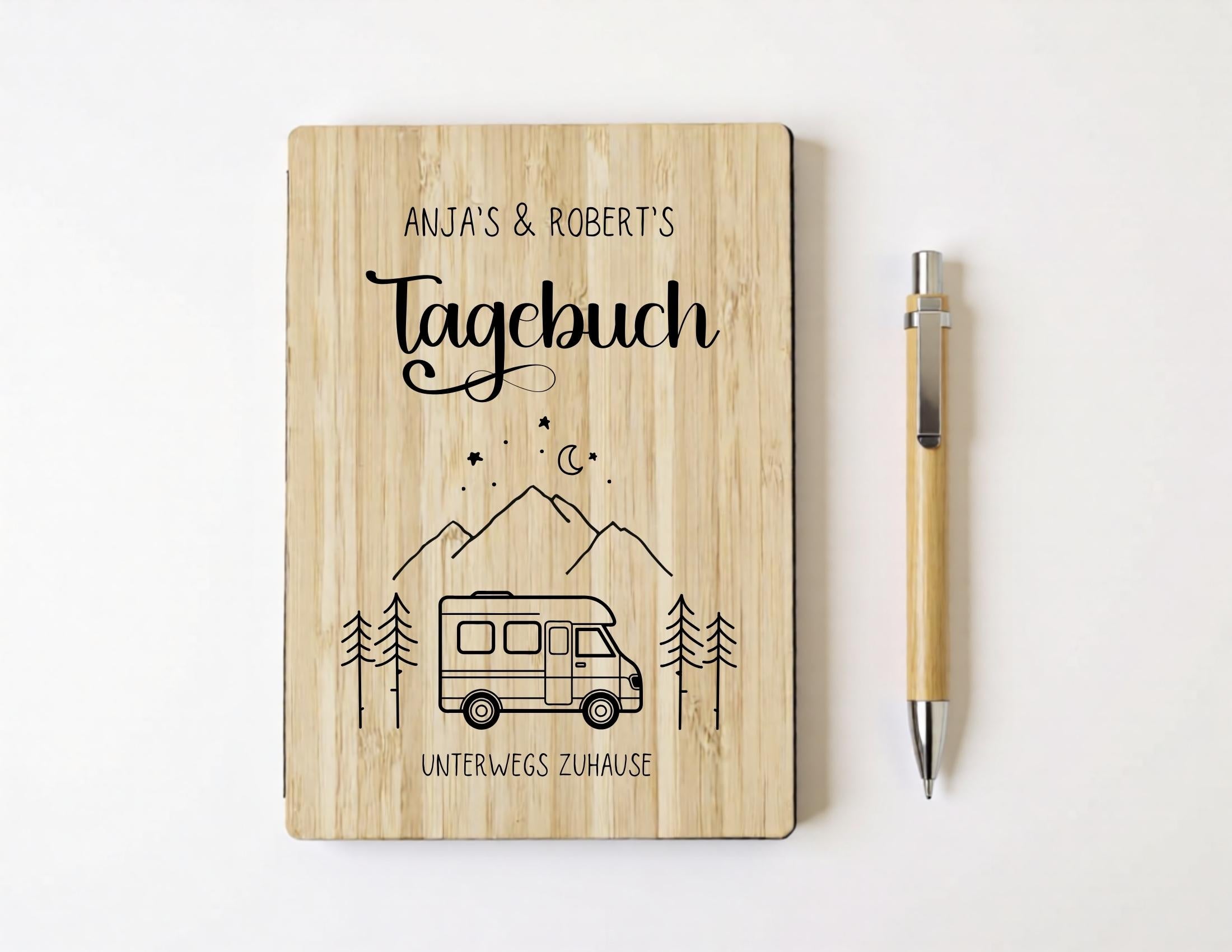 Camping Tagebuch personalisiert mit Name, Titel, Headline | Camper Notizbuch | Bambus Einband | Logbuch liniert inkl. Bambus Kugelschreiber