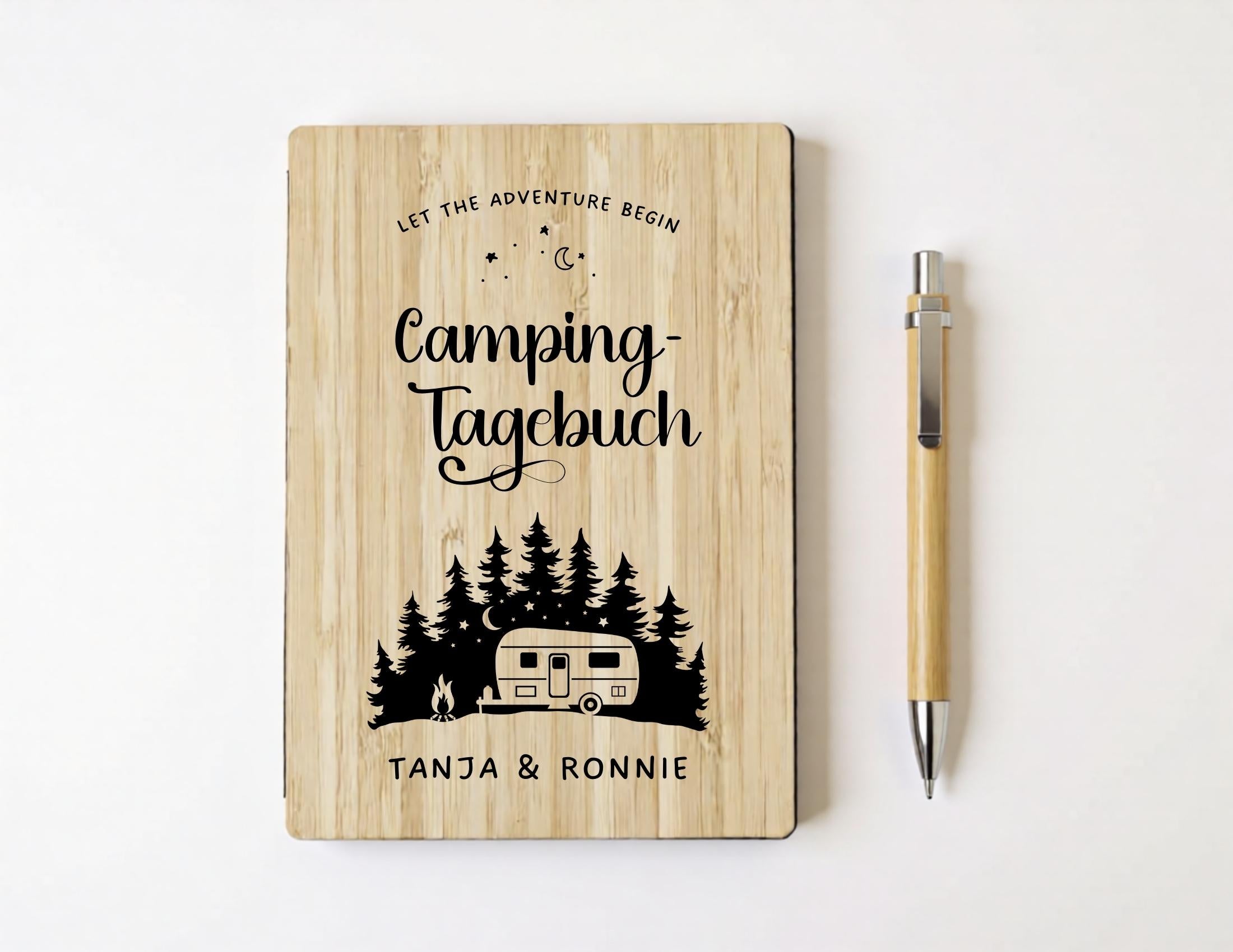Camping Tagebuch personalisiert mit Name, Titel, Headline | Camper Notizbuch | Bambus Einband | Logbuch liniert inkl. Bambus Kugelschreiber