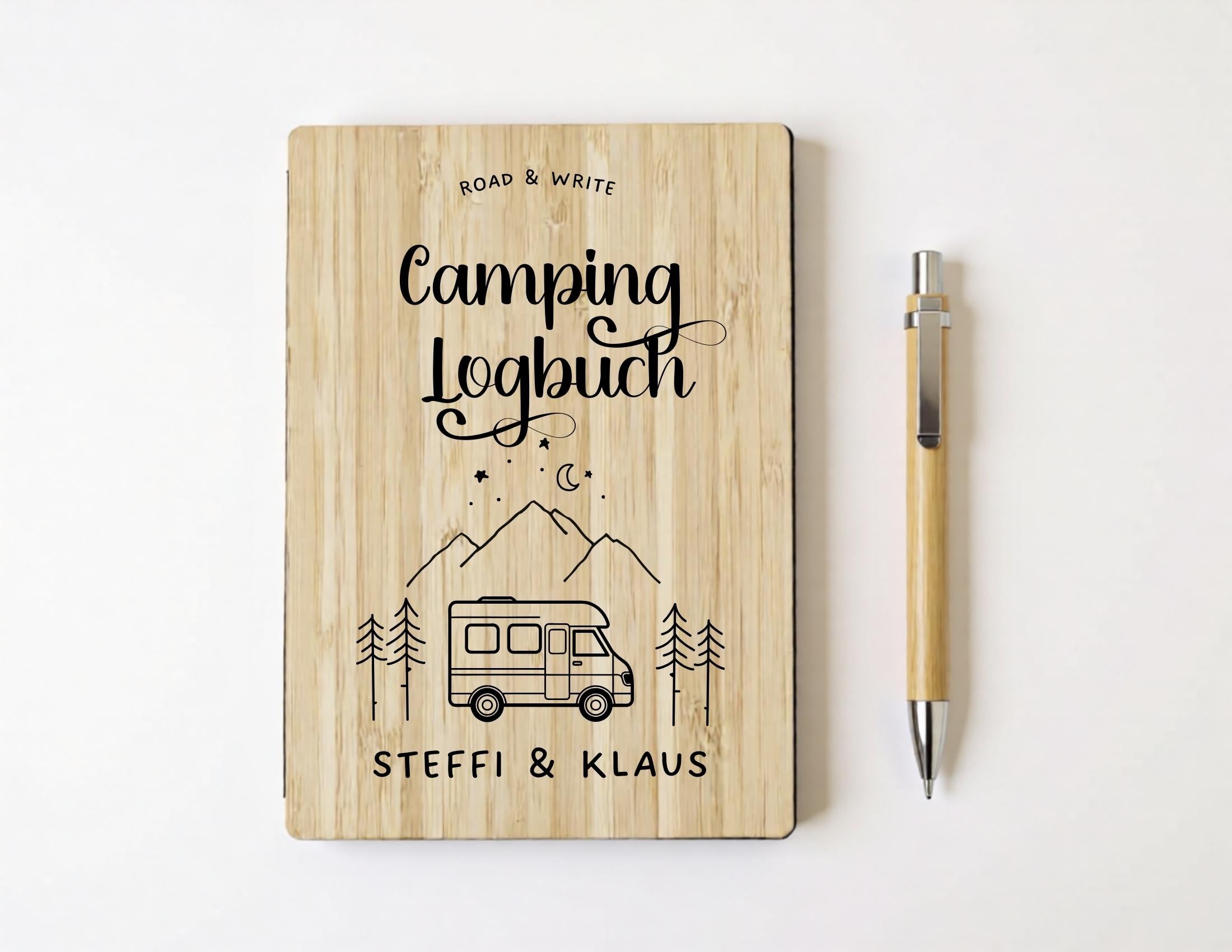 Camping Tagebuch personalisiert mit Name, Titel, Headline | Camper Notizbuch | Bambus Einband | Logbuch liniert inkl. Bambus Kugelschreiber