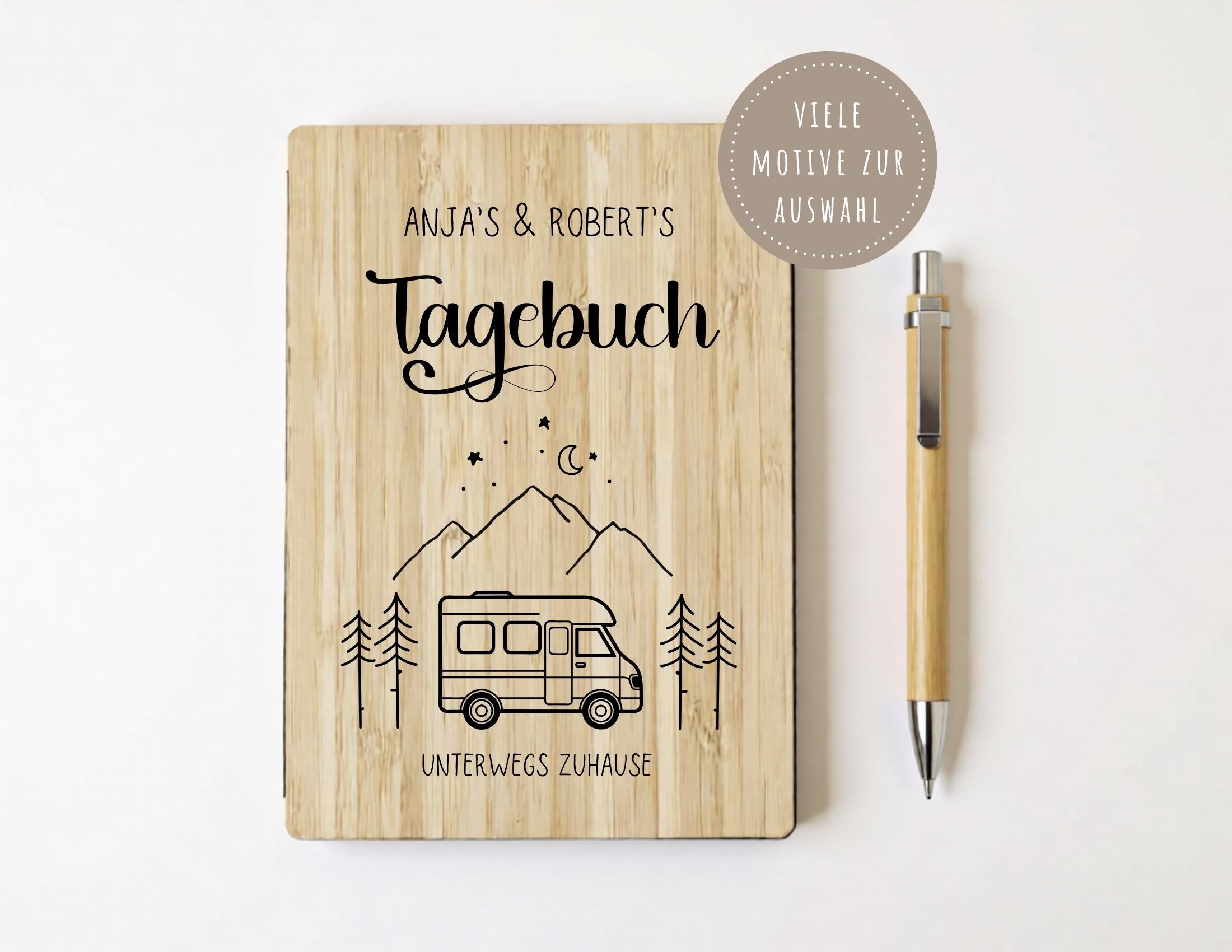 Camping Tagebuch personalisiert mit Name, Titel, Headline | Camper Notizbuch | Bambus Einband | Logbuch liniert inkl. Bambus Kugelschreiber