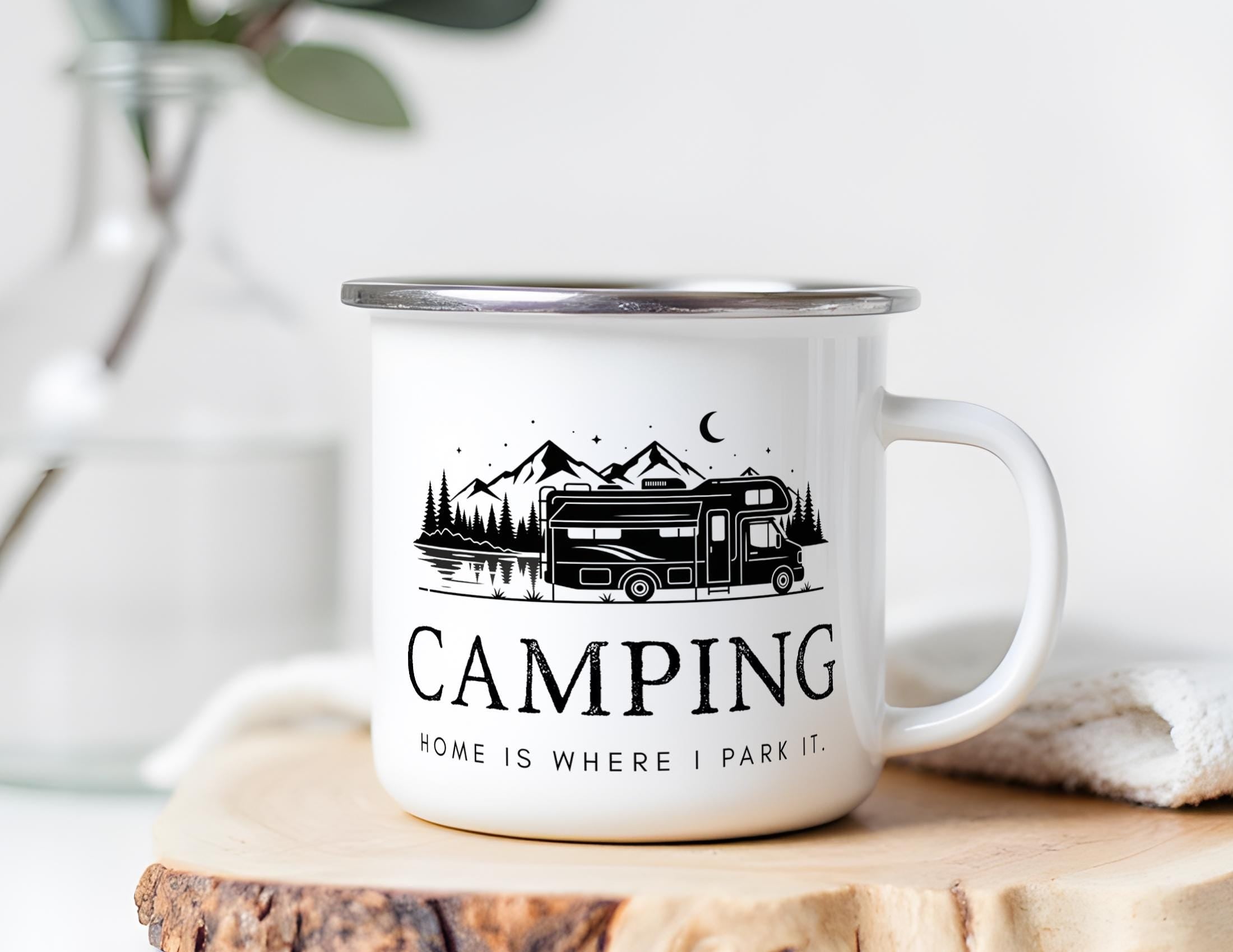 Camping Emaille Tasse – Camping - Home is where I park it | Bruchsicherer Becher für Camper