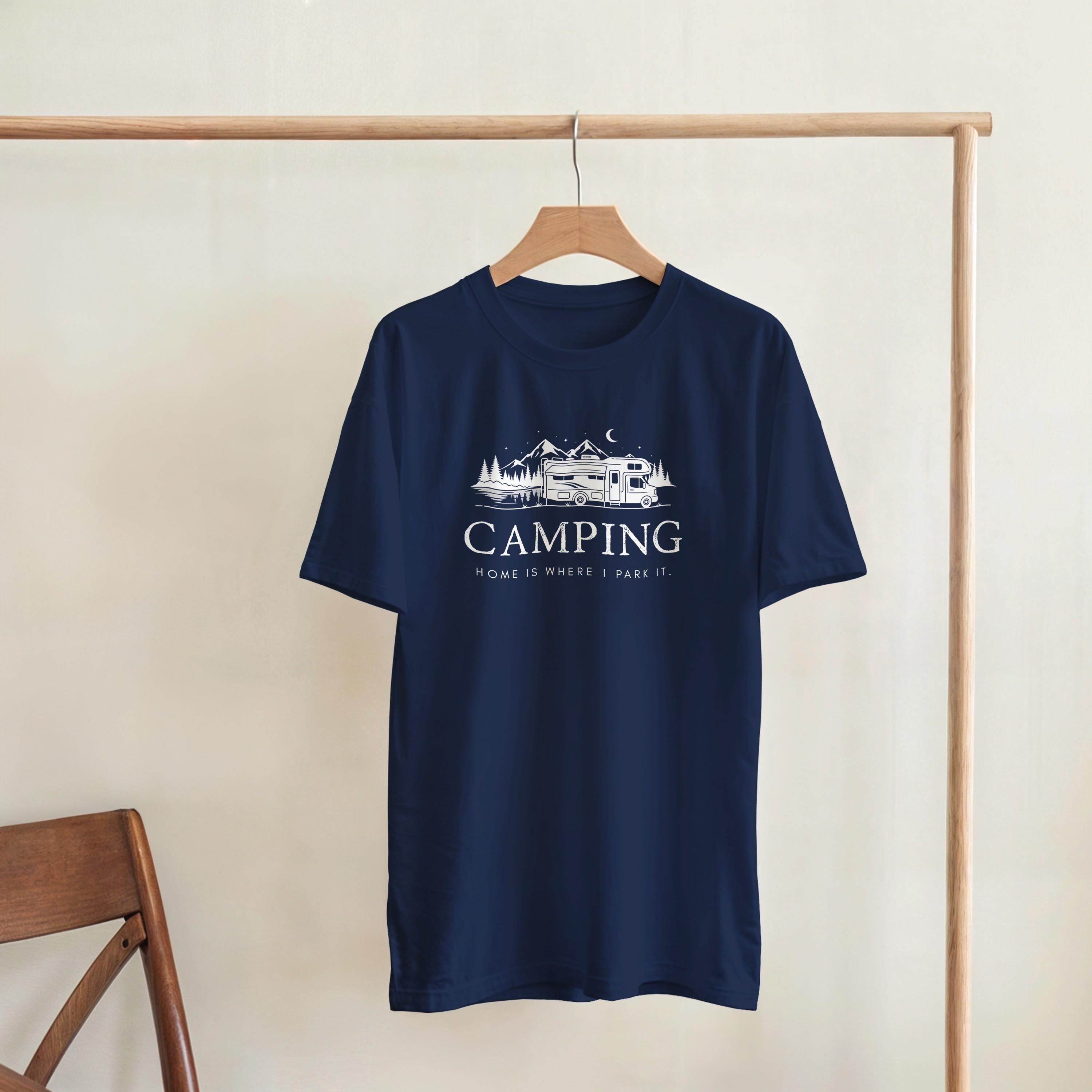 Camper T-Shirt – "Camping - Home is Where We Park It" | in schwarz, grün, navy, und grau