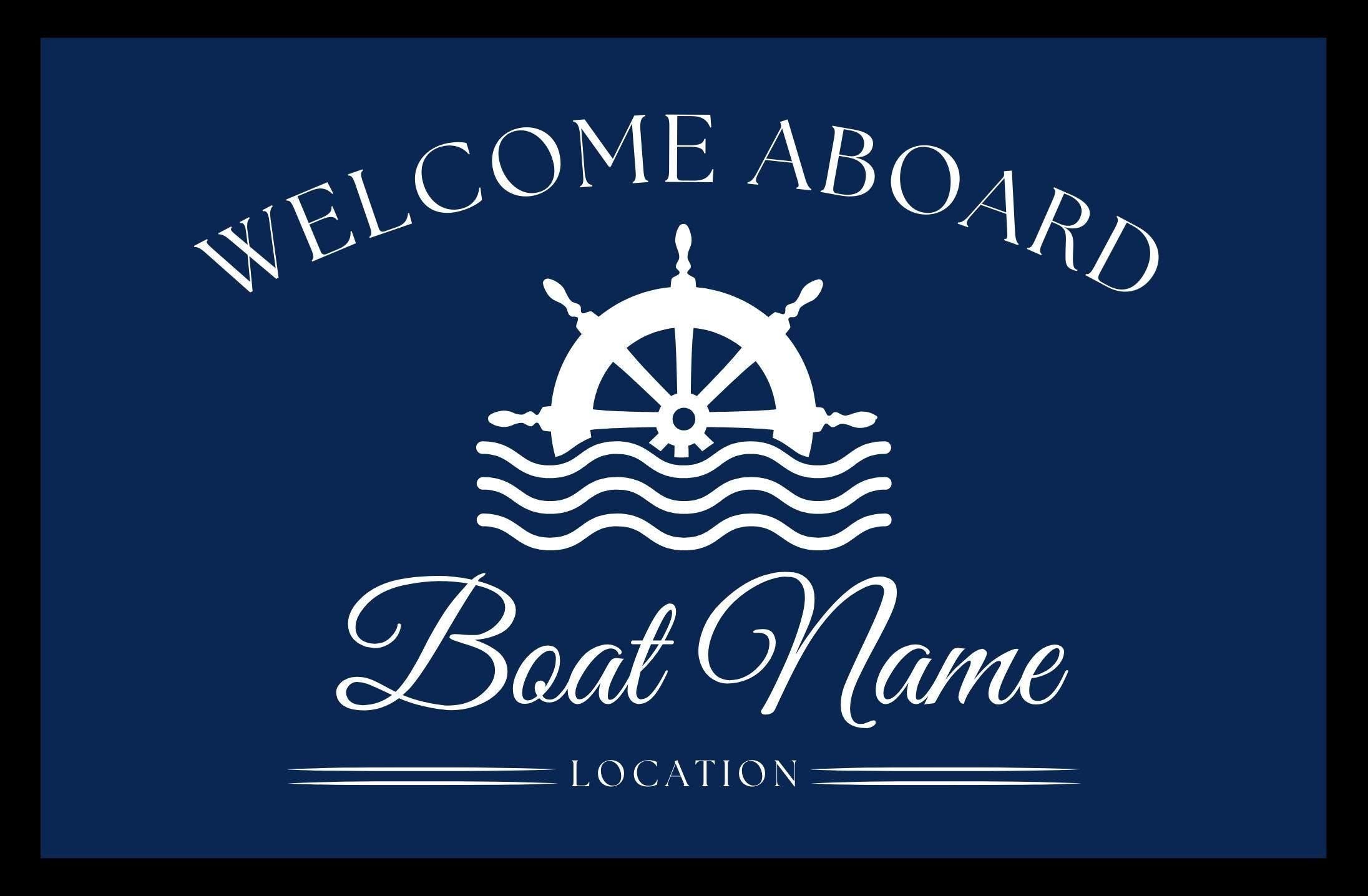 Fußmatte Boot Yacht Schiff | Personalisierter Fußabtreter mit Bootsnamen und Jahreszahl in blau weiß, Rand schwarz