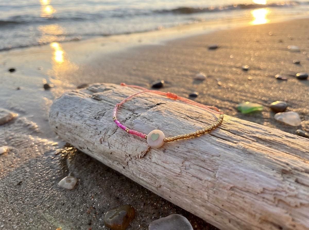 Zartes Armband mit Herz | kleines feines elastisches Perlenarmband mit Makrameeknoten | in rosa oder hellblau