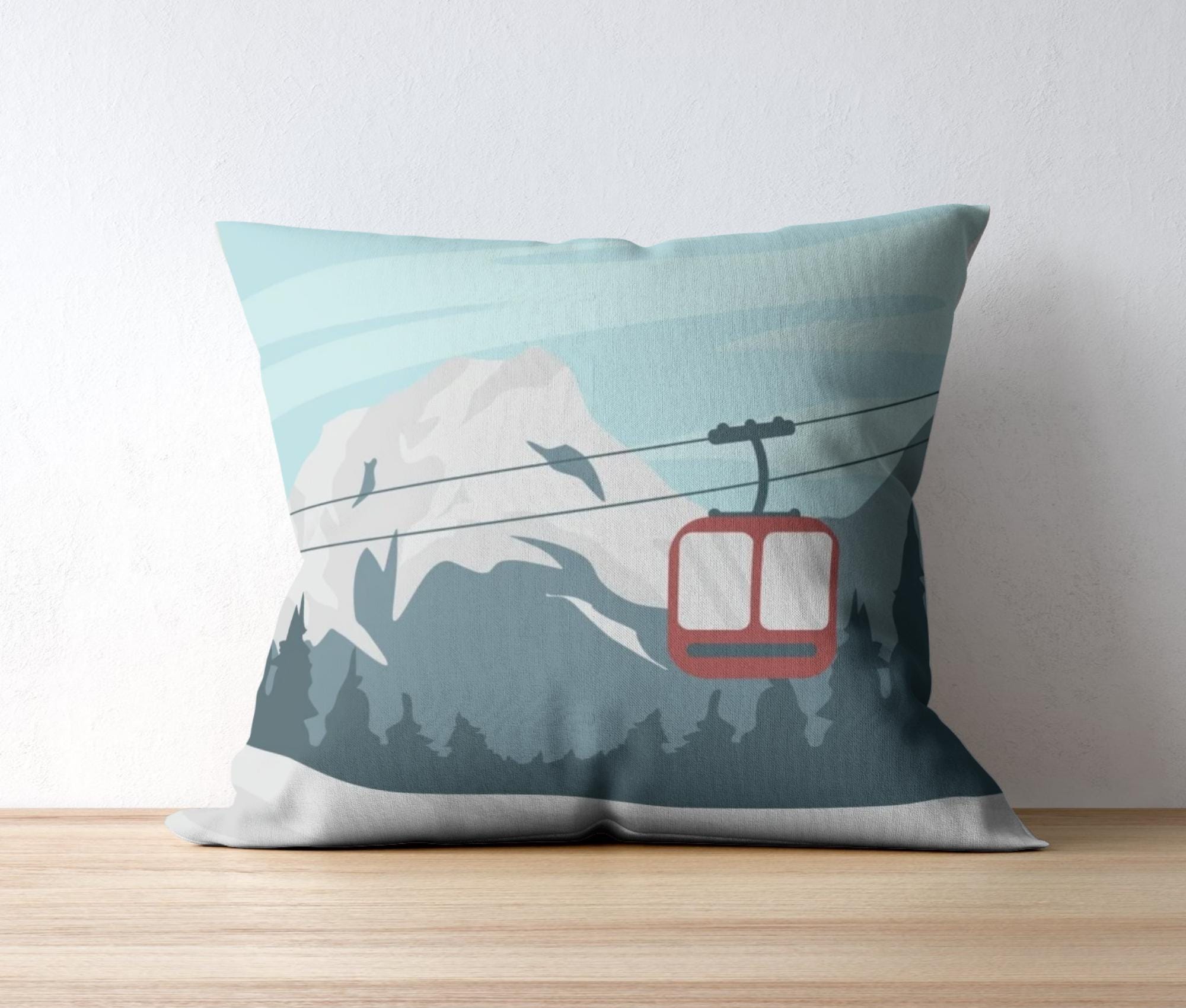 Ski Kissen Gondel | Quadratisches Baumwoll-Kissen mit Füllung | Motiv Wintersport Skifahren | Geschenk Skifahrer