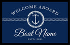 Fußmatte Boot Yacht Schiff | Personalisierter Fußabtreter mit Bootsnamen und Jahreszahl in blau weiß, Rand schwarz
