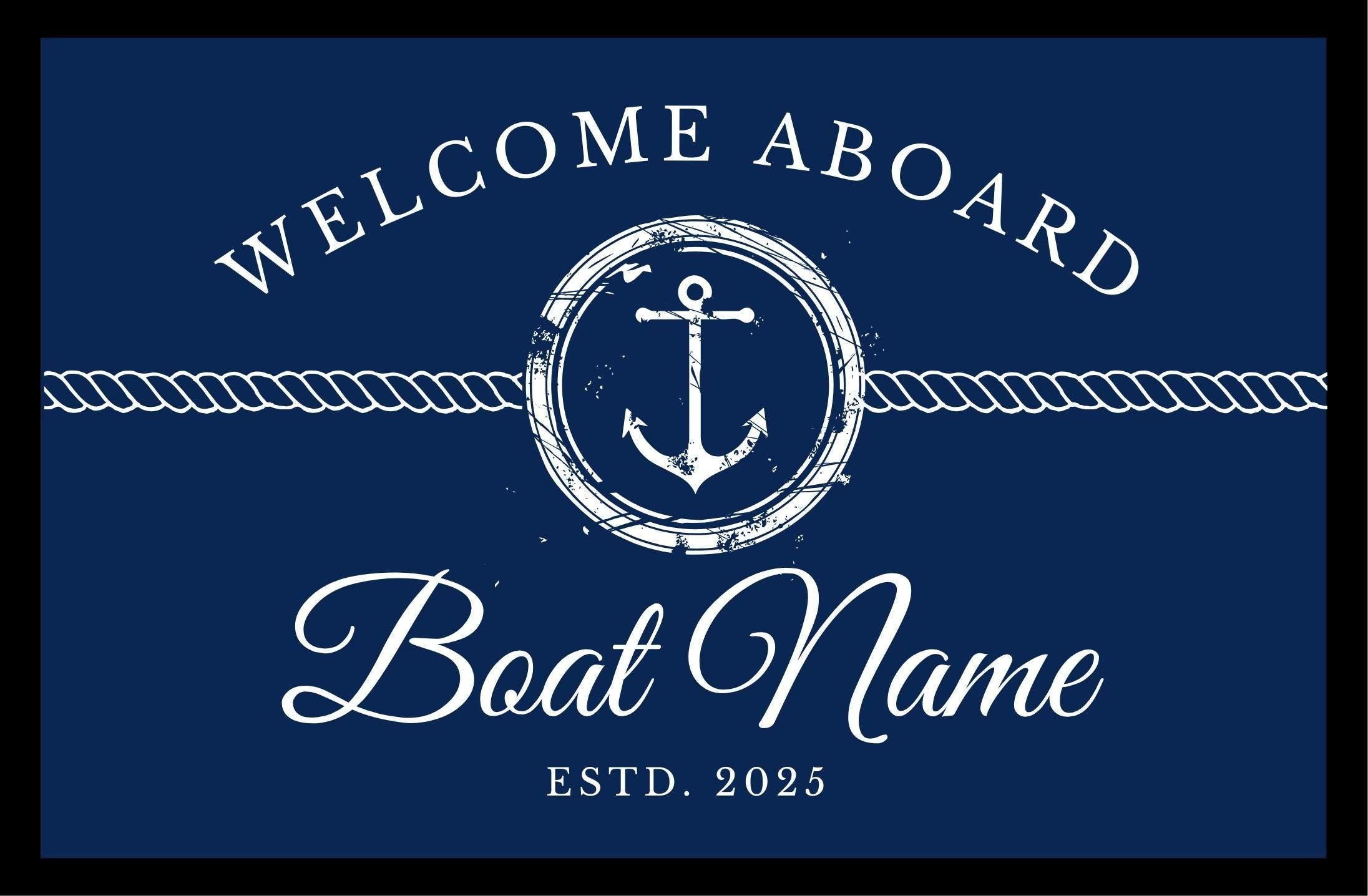 Fußmatte Boot Yacht Schiff | Personalisierter Fußabtreter mit Bootsnamen und Jahreszahl in blau weiß, Rand schwarz