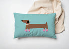 Dackel-Kissen aus Baumwolle | 50 x 35 cm inklusive Füllung | Dackel auf Rollschuhen | Türkis mit Braun und Pink