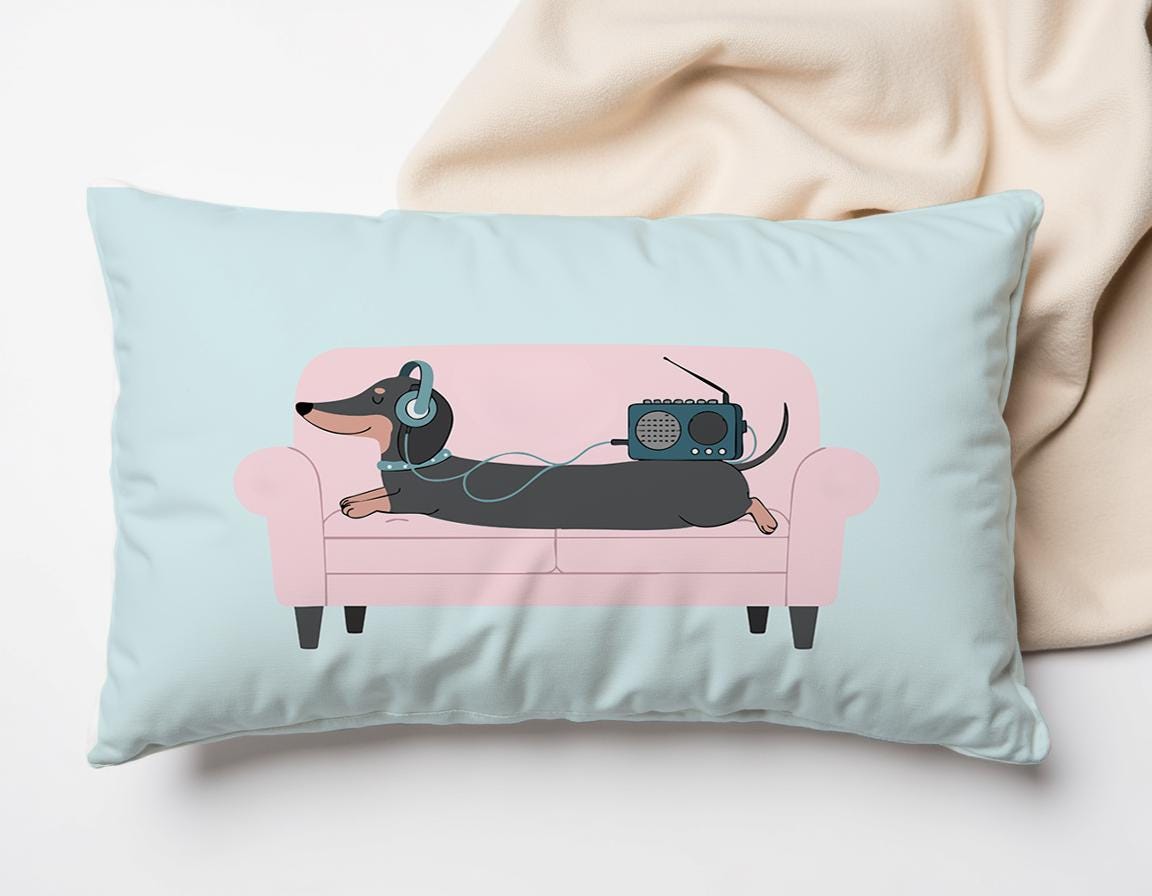 Dackel-Kissen aus Baumwolle | 50 x 35 cm inklusive Füllung | Dackel mit Kopfhörer | Türkis mit Braun und Pink