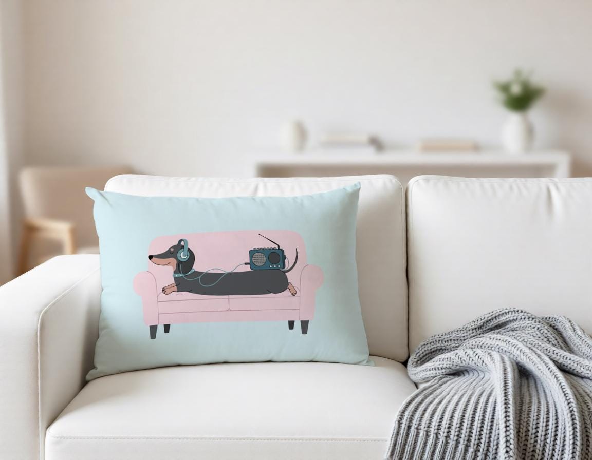 Dackel-Kissen aus Baumwolle | 50 x 35 cm inklusive Füllung | Dackel mit Kopfhörer | Türkis mit Braun und Pink